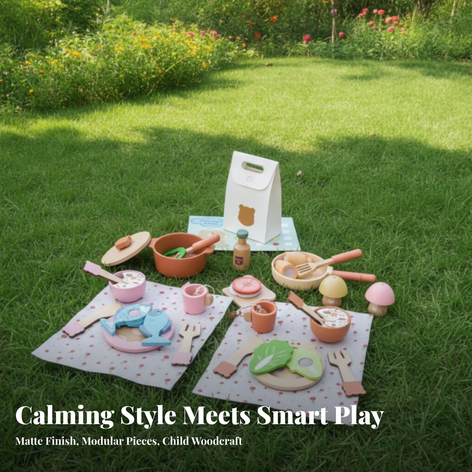 Set di Cibo da Gioco in Legno Creativo , Set Da Picnic Con Orsetto, 0,855 Kg
