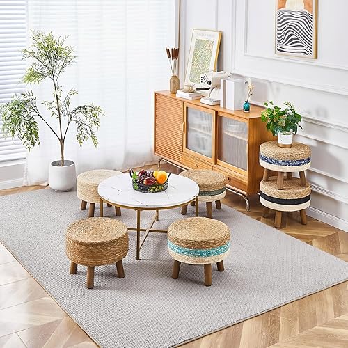 Miniatura 8 de Wimarsbon Puf otomano de 17 pulgadas, reposapiés grande con patas de madera, reposapiés de jacinto de agua natural hecho a mano, mesa auxiliar para