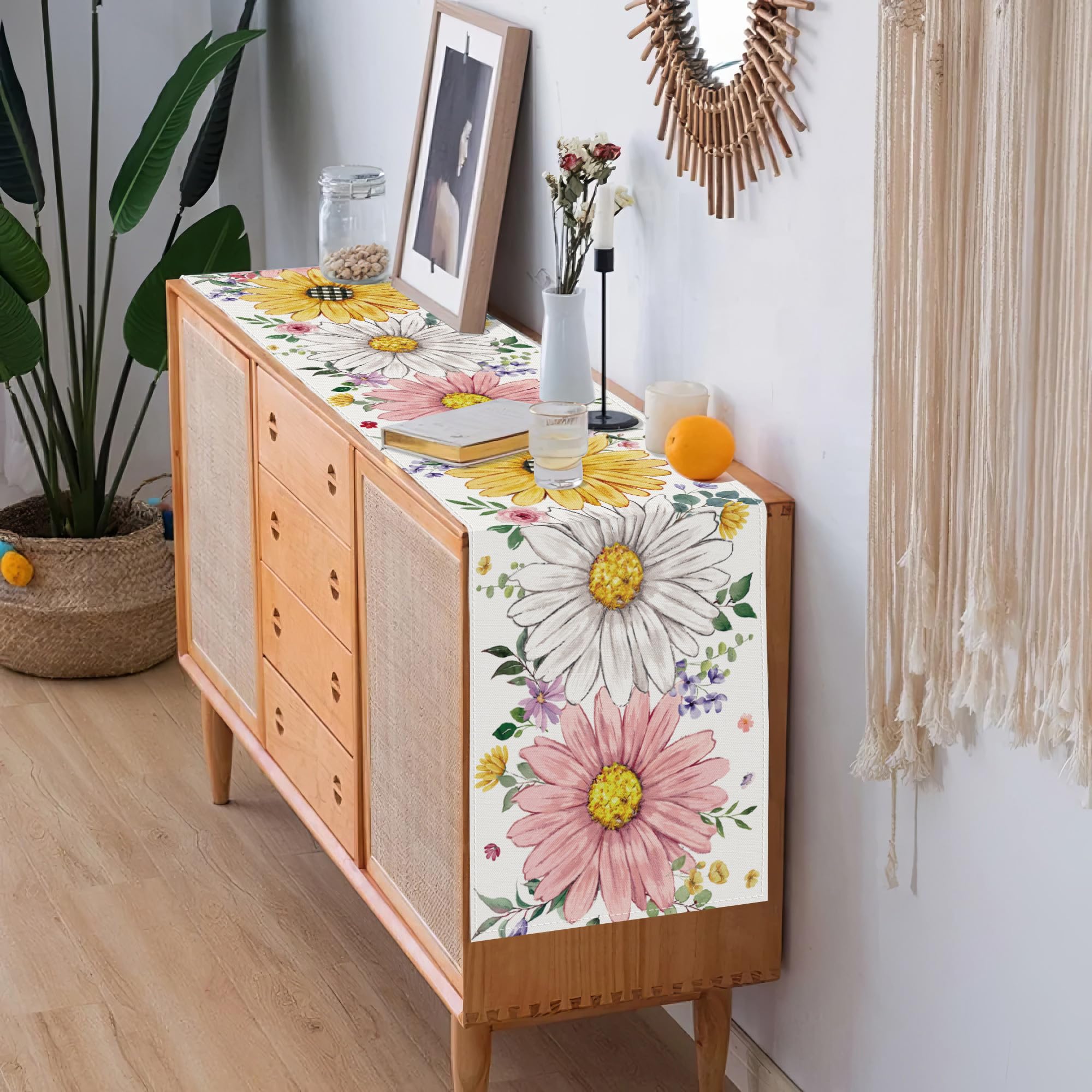 Baccessor Camino de mesa de flores de margaritas de primavera y verano, acuarela, girasoles, mesa de cocina, comedor, boda, aniversario, fiesta, vacaciones, decoración del hogar, 13 x 48 pulgadas