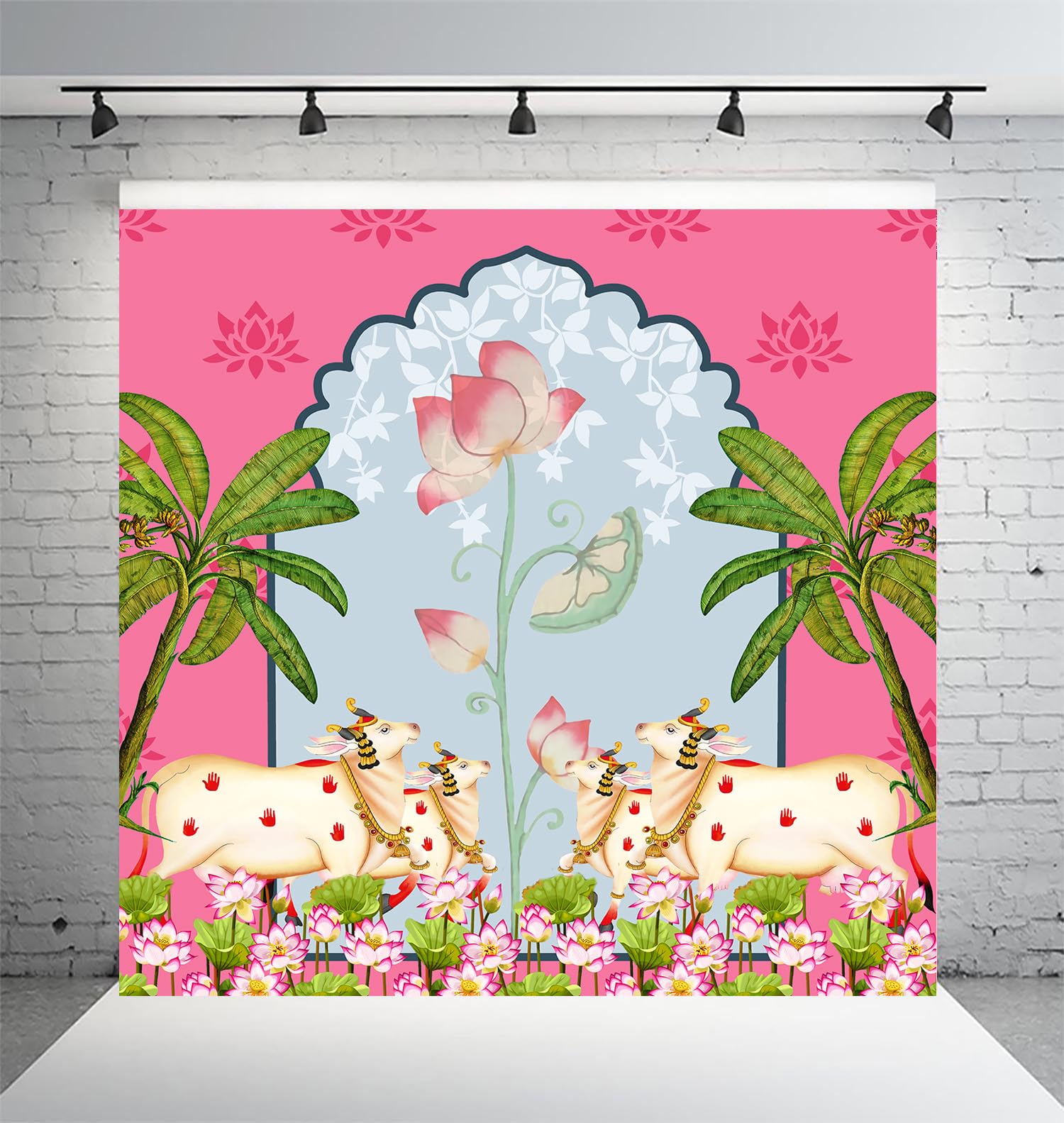Pink Cow Dhenu (8ft - 8ft) Wedding Decoration Backdrop Curtain Cloth Pooja Decoration for Festivals and Celebrations. (Washable Fabric)-image-40