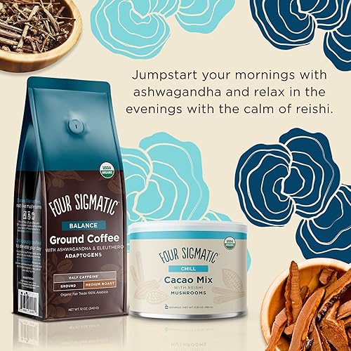 Miniatura 3 de Chill Hot Cacao Can + Adaptogen Ground Coffee Bundle by Four Sigmatic  Hongo Reishi orgánico con cacao en polvo  Café que aumenta el enfoque y la