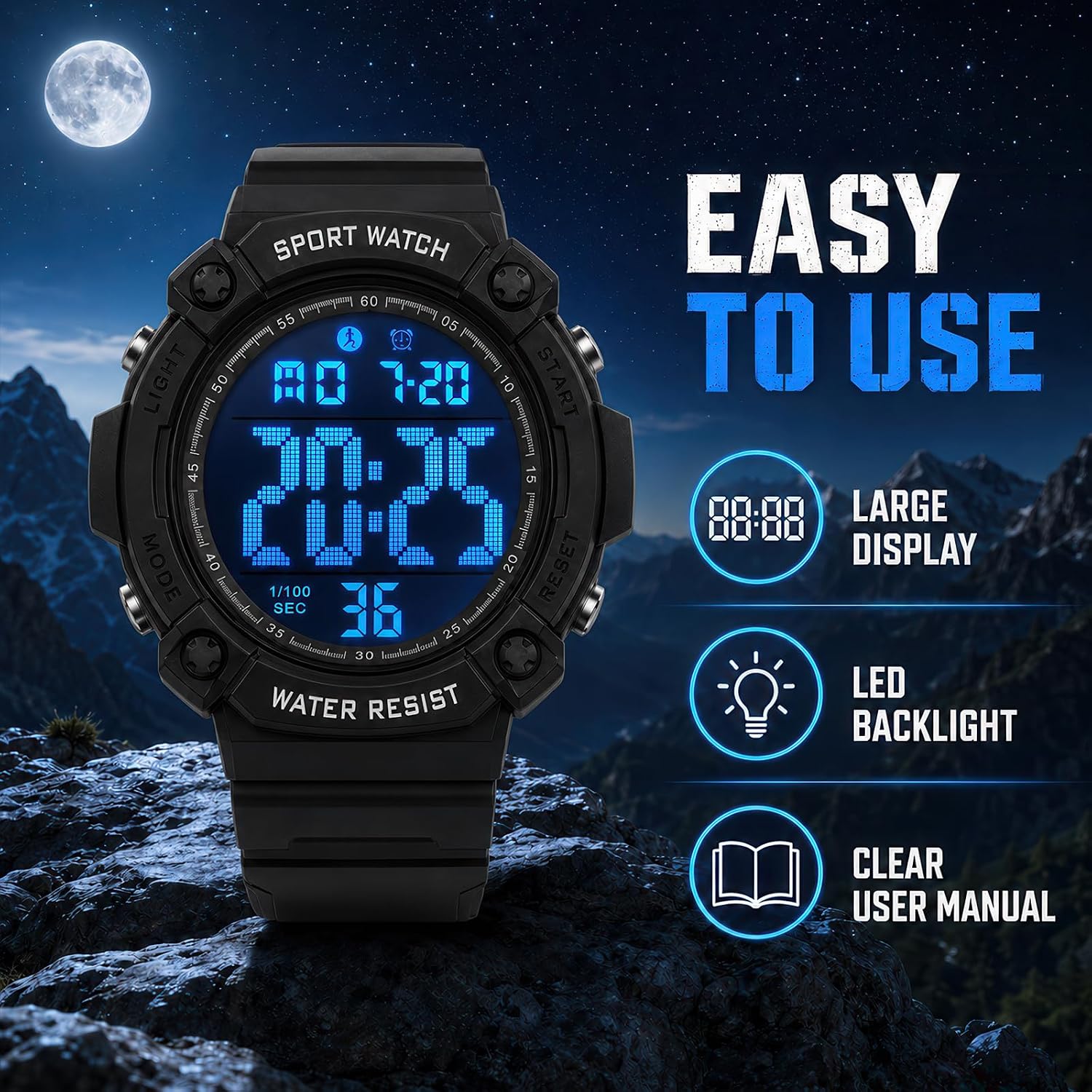 Black Digital Sports Watches for Men, Waterproof, Minimalist Large Face, Outdoor Use, LED Backlight, Stopwatch, Alarm, and Date