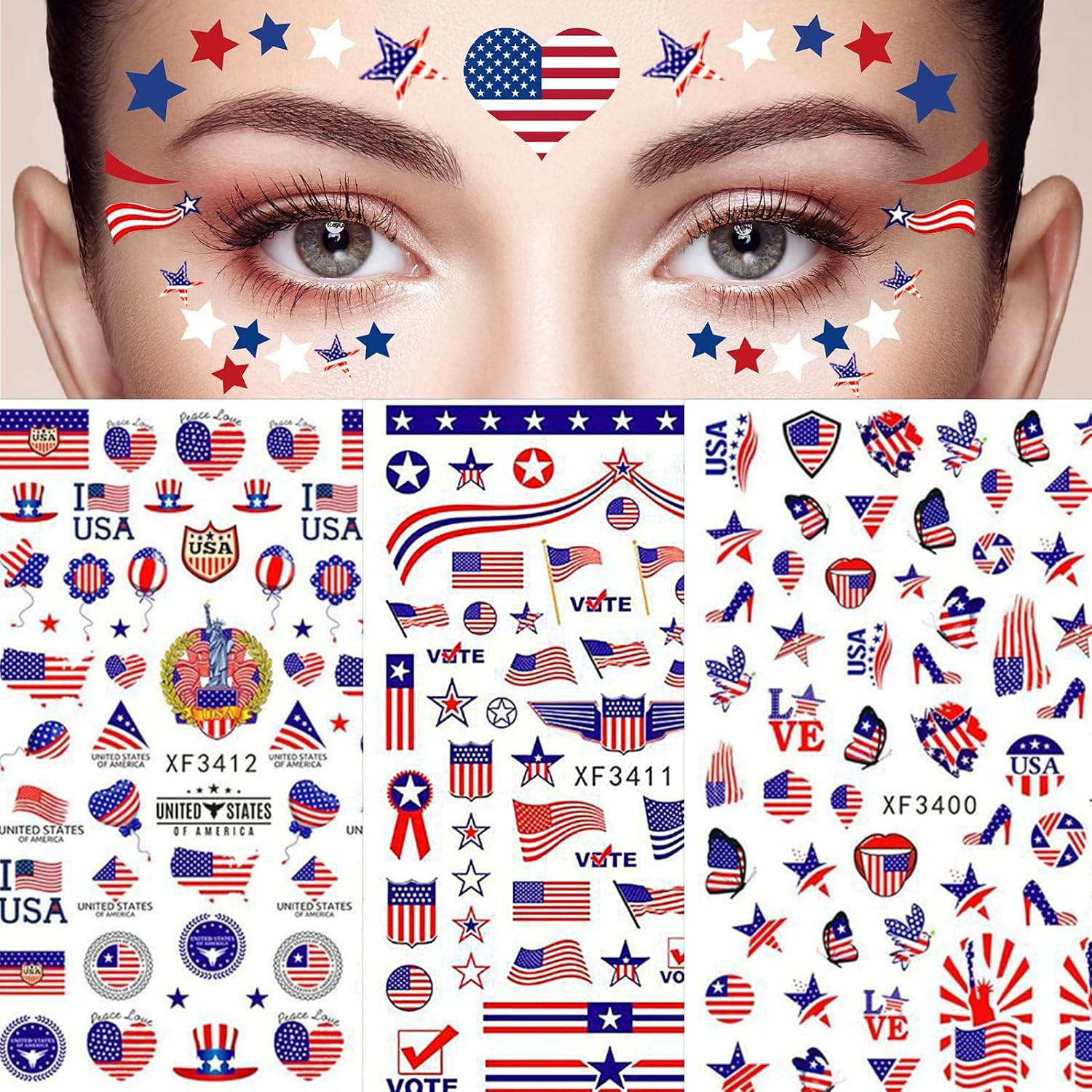 4th of July Nail Stickers, Patriotic Nail Decals for Nails, 3D Self-Adhesive Independence Day Nail Art Stickers, American Flag Fireworks Star Nail Designs for Women Girls, 8 Sheets