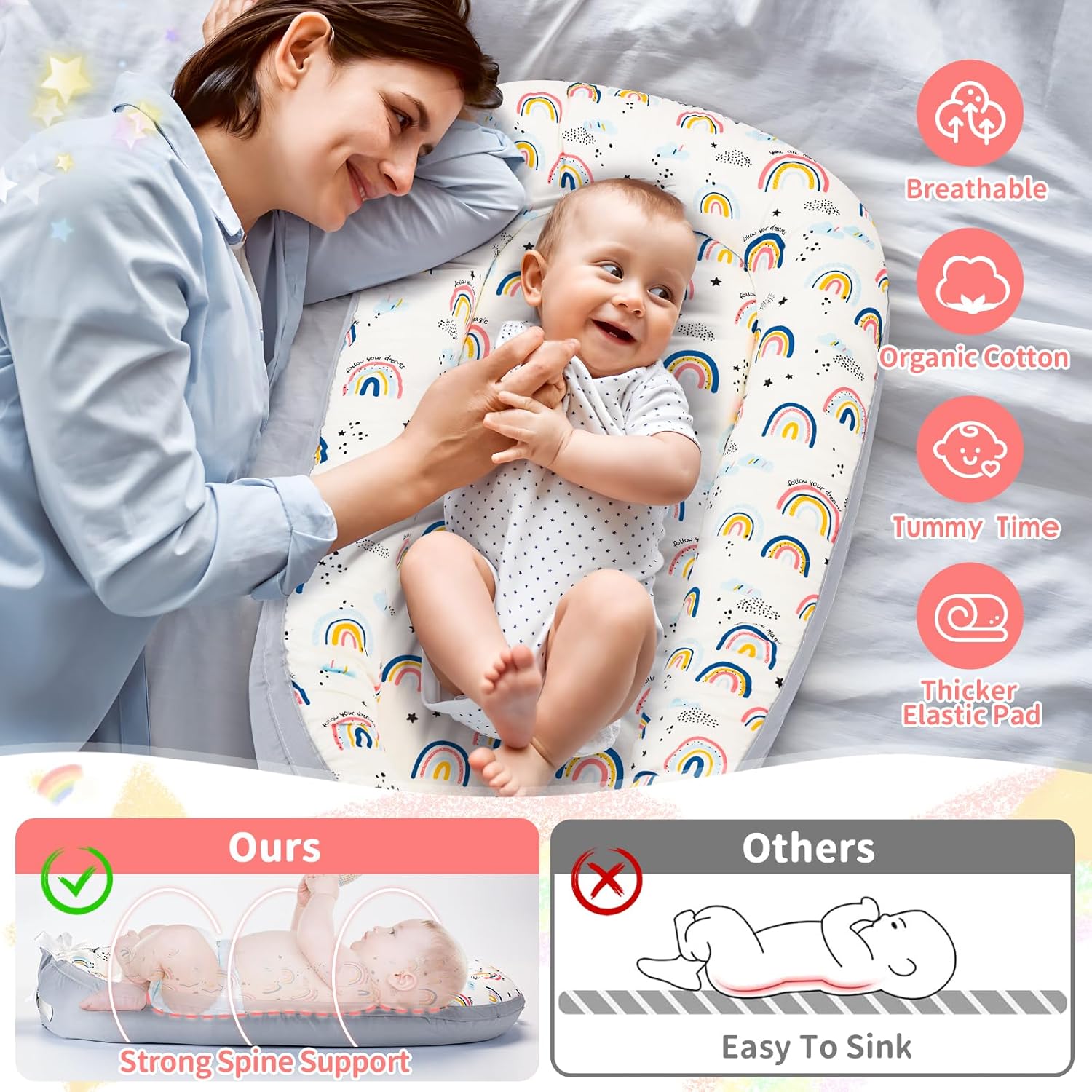 Baby Lounger- Baby Nest for 0-24 Months, Ultra Soft Organic Cotton Breathable & Portable Baby Lounger, Baby Lounger Pillow for Newborn