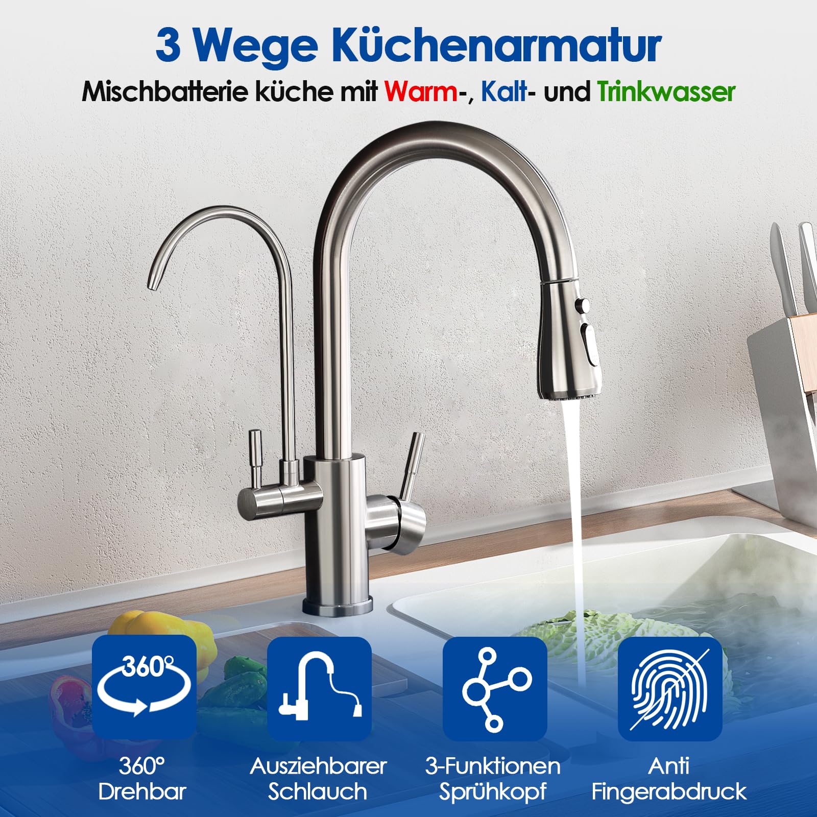 ROVOGO 3 Wege Wasserhahn Küche mit Filter, Hochdruck Küchenarmatur mit Brause Ausziehbar, Doppelhebel Spültischarmatur für Heiß-, Kalt- und Trinkwasser, Mischbatterie Gebürstet Edelstahl, C-Auslauf