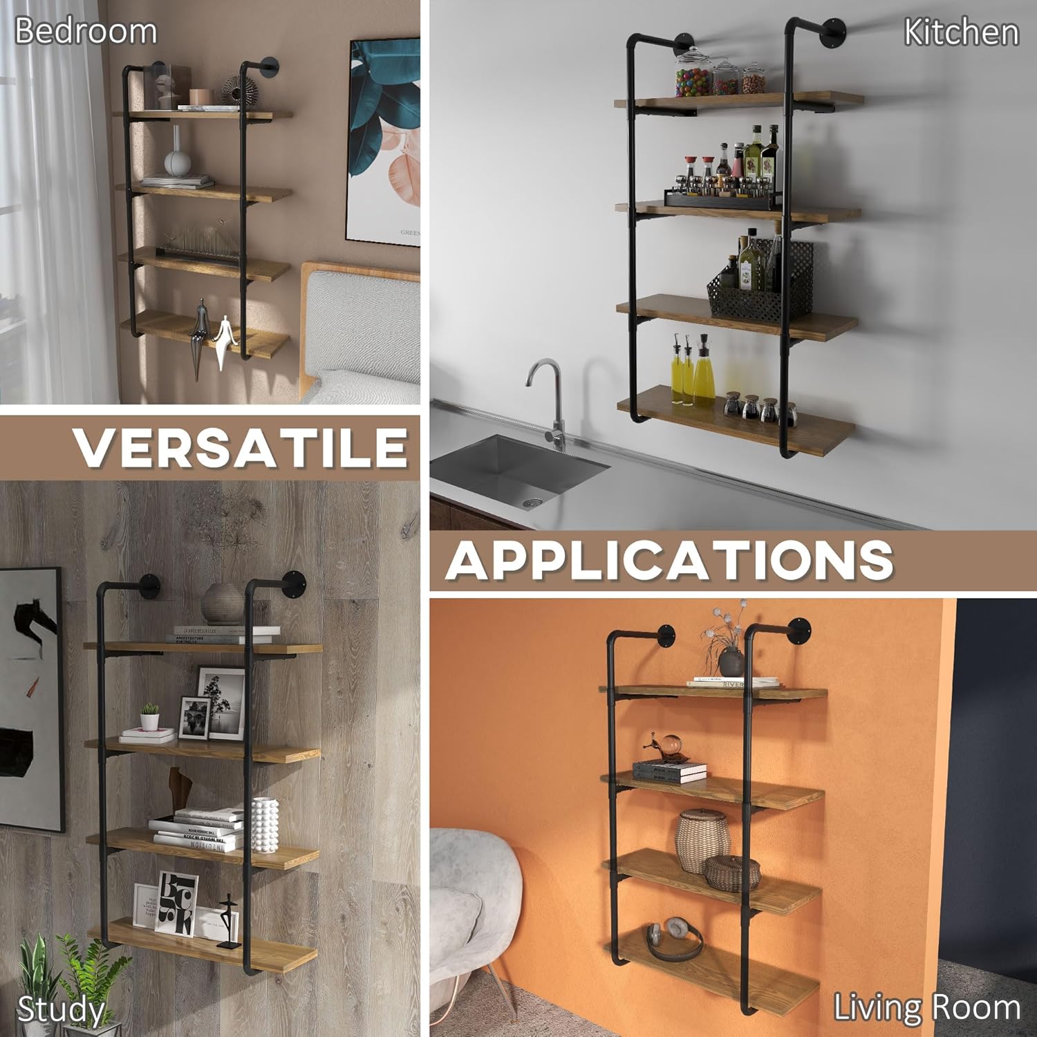 Rustic Brown 4-Tier Industrial Floating Wall Mounted Bookshelf