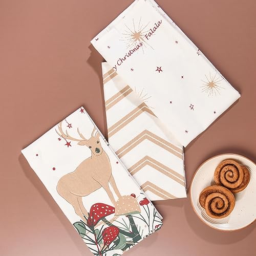 Vista 2 de Folkulture Juego de 3 paños de cocina de Navidad con lazo para colgar, 100% algodón para decoración navideña, estilo granja, 20 x 26 pulgadas