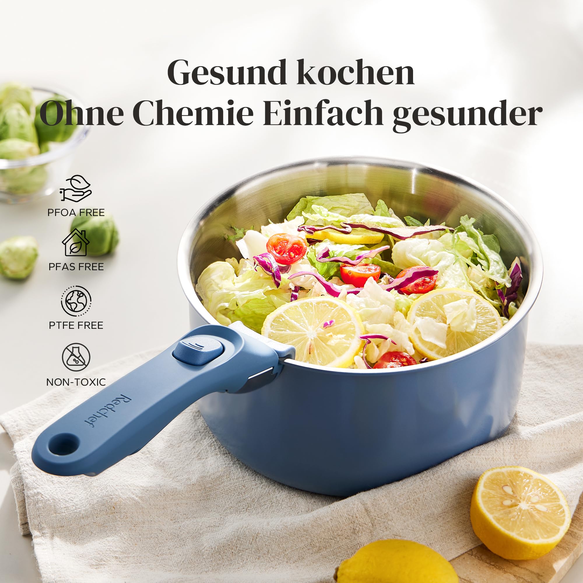 Redchef Set di pentole con manici rimovibili, 5 pezzi, in acciaio inox non rivestito, 16/18/20 cm e coperchio di chiusura 3 in 1, set di pentole a induzione per tutti i tipi di fornelli, adatte al