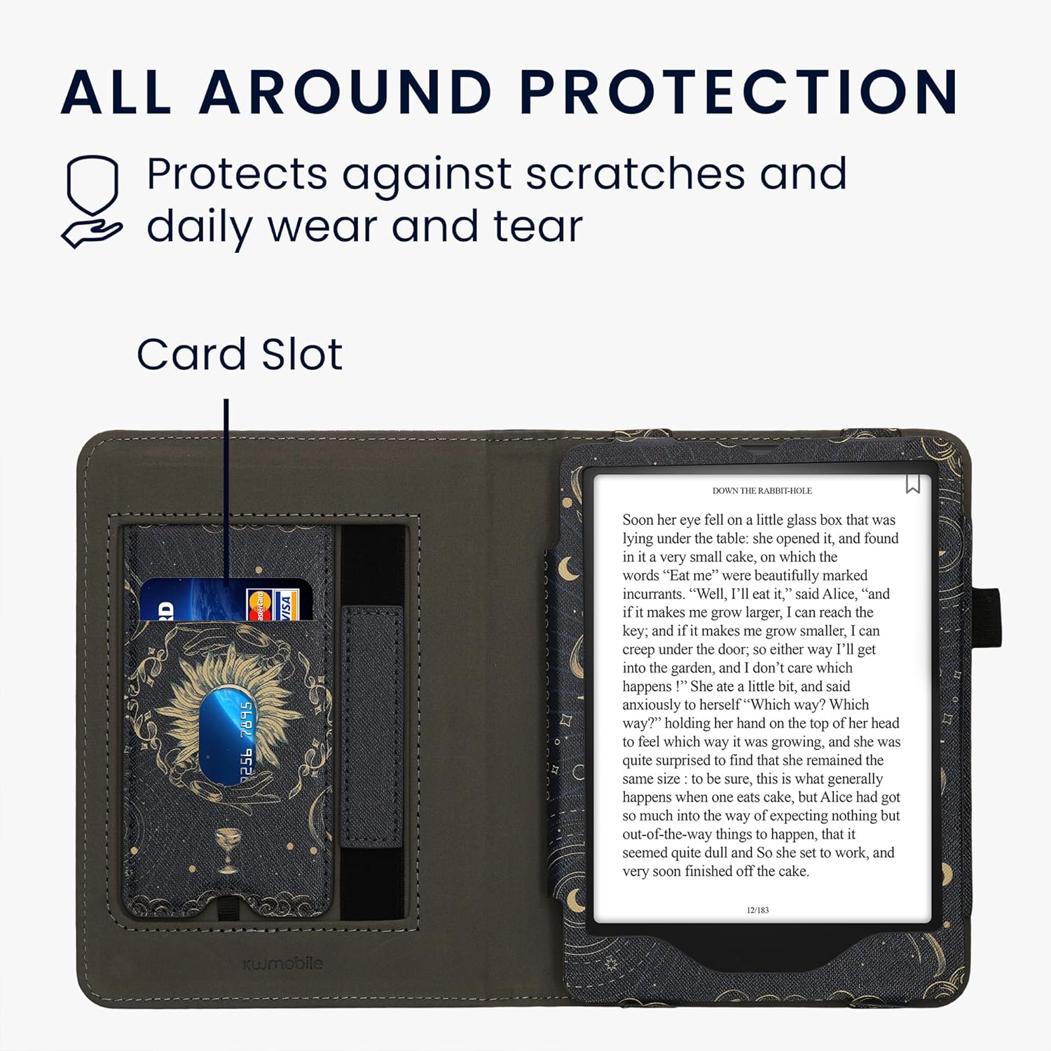 kwmobile Case Compatible with Amazon Kindle Paperwhite (2024)/Colorsoft - Case PU Leather Cover with Magnet Closure, Stand, Strap, Card Slot - Tarot Card Dark Blue/Yellow/Black