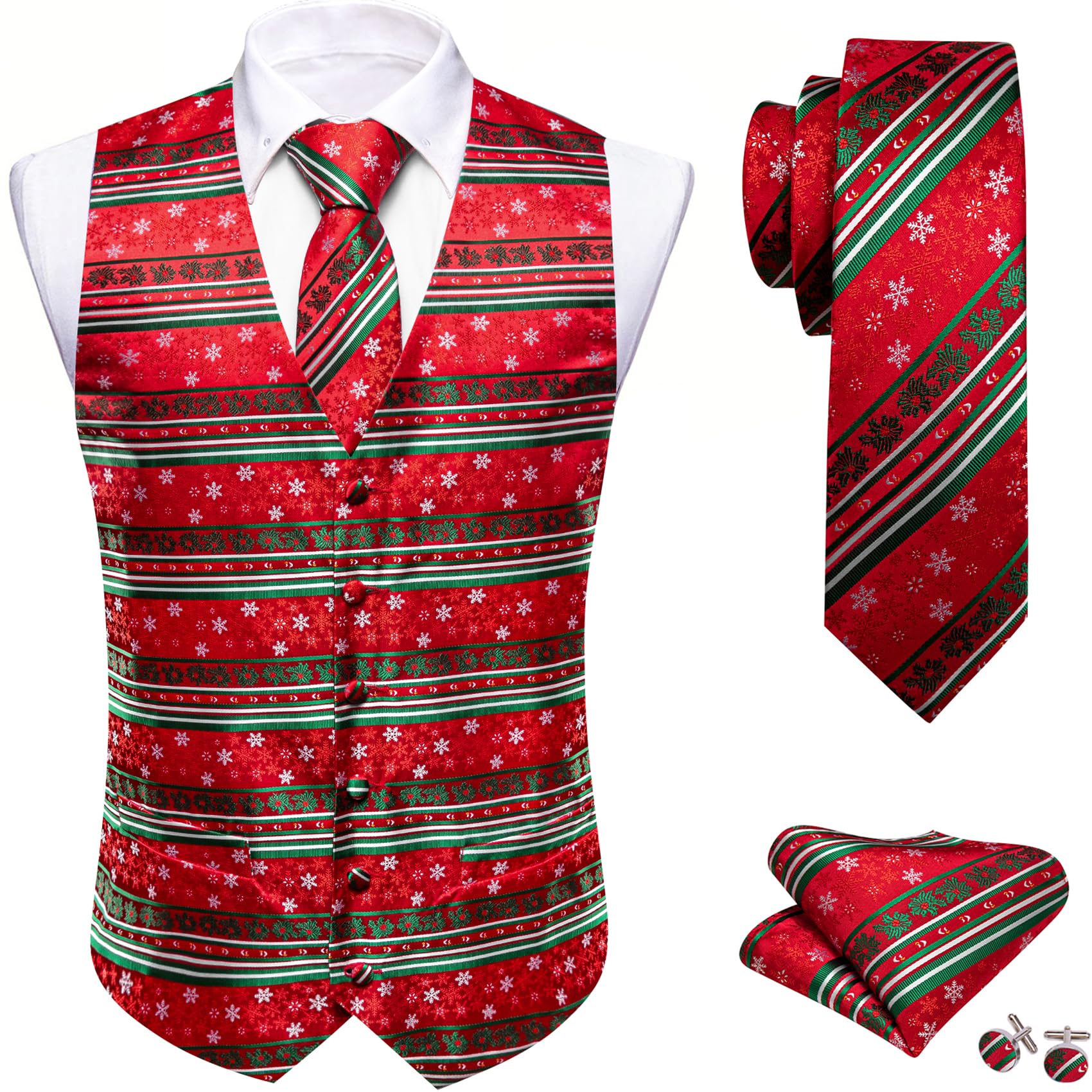 Barry.Wang Mens Red/Green Christmas Suit Vest Tie Holiday Xmas Waistcoat