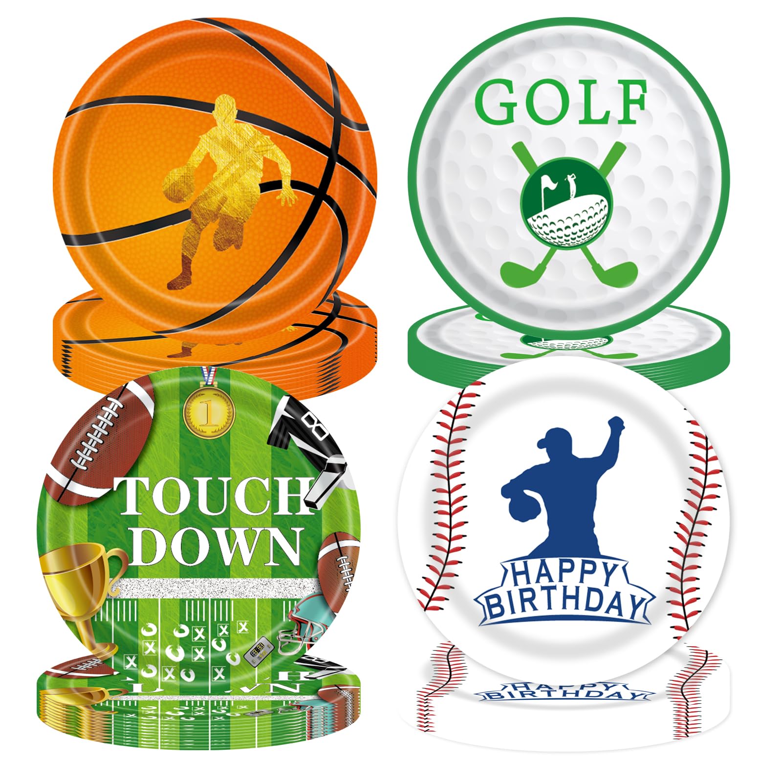EVYIENEN 48Pcs Sports Birthday Paper Plates,7inch Disposable Sports Football Basketball Golf Baseball Paper Plates in 4 Designs for Kids Birthday