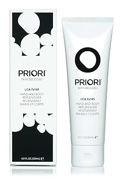 Priori Skincare Hand and Body Replenisher with Lactic Acid AHA Renewal Lotion Vitamins C، A، E Corrective Smoothing Serum Stretch Marks Antioxidant Protection Fragrance Free 4 fl oz