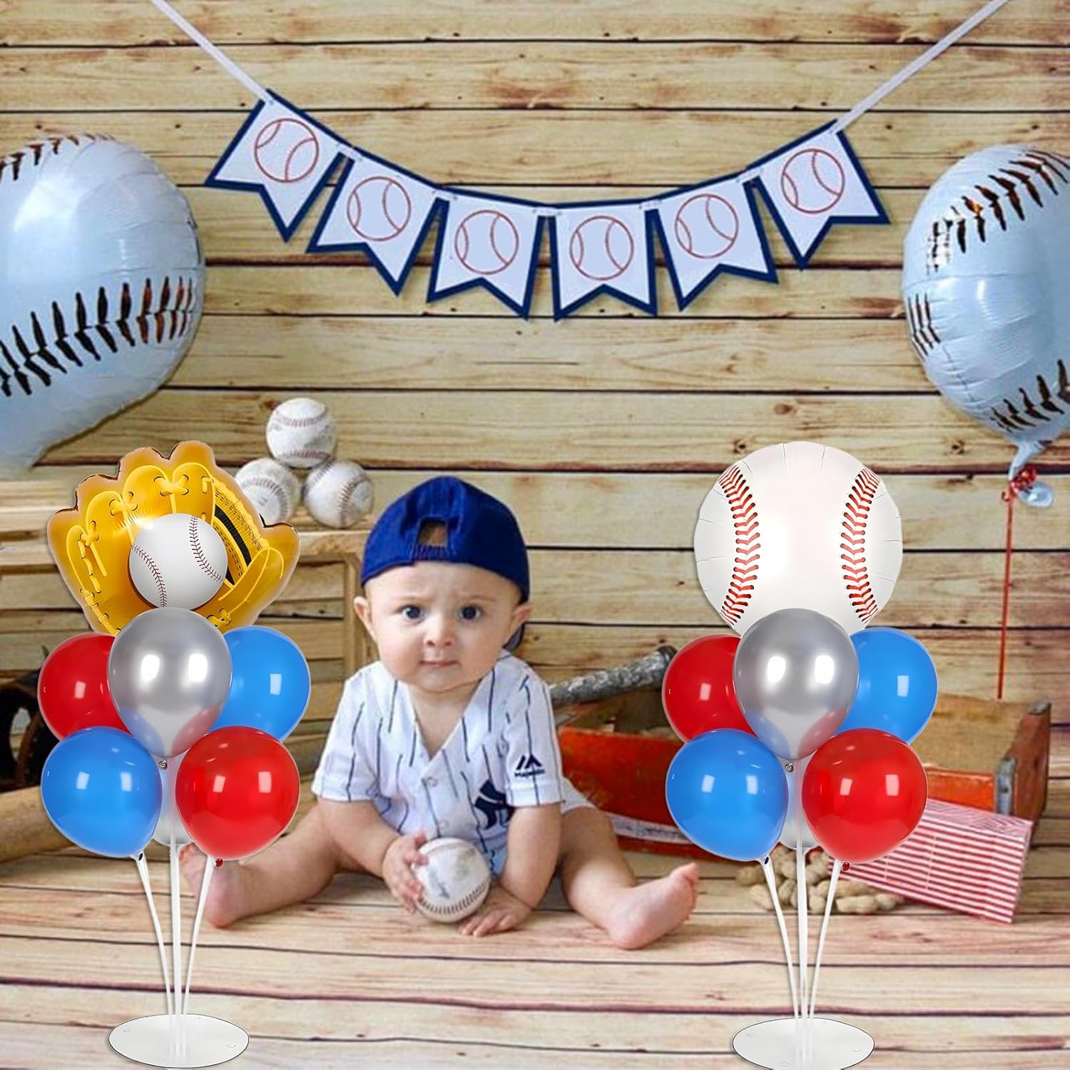 4 Sets Baseball Party Balloons Stand Kit, Baseball Party Balloon Centerpiece for Tables with 4pcs Baseball Foil Balloons, 30pcs Red Blue White Balloon for Game Sports Birthday Baby Shower