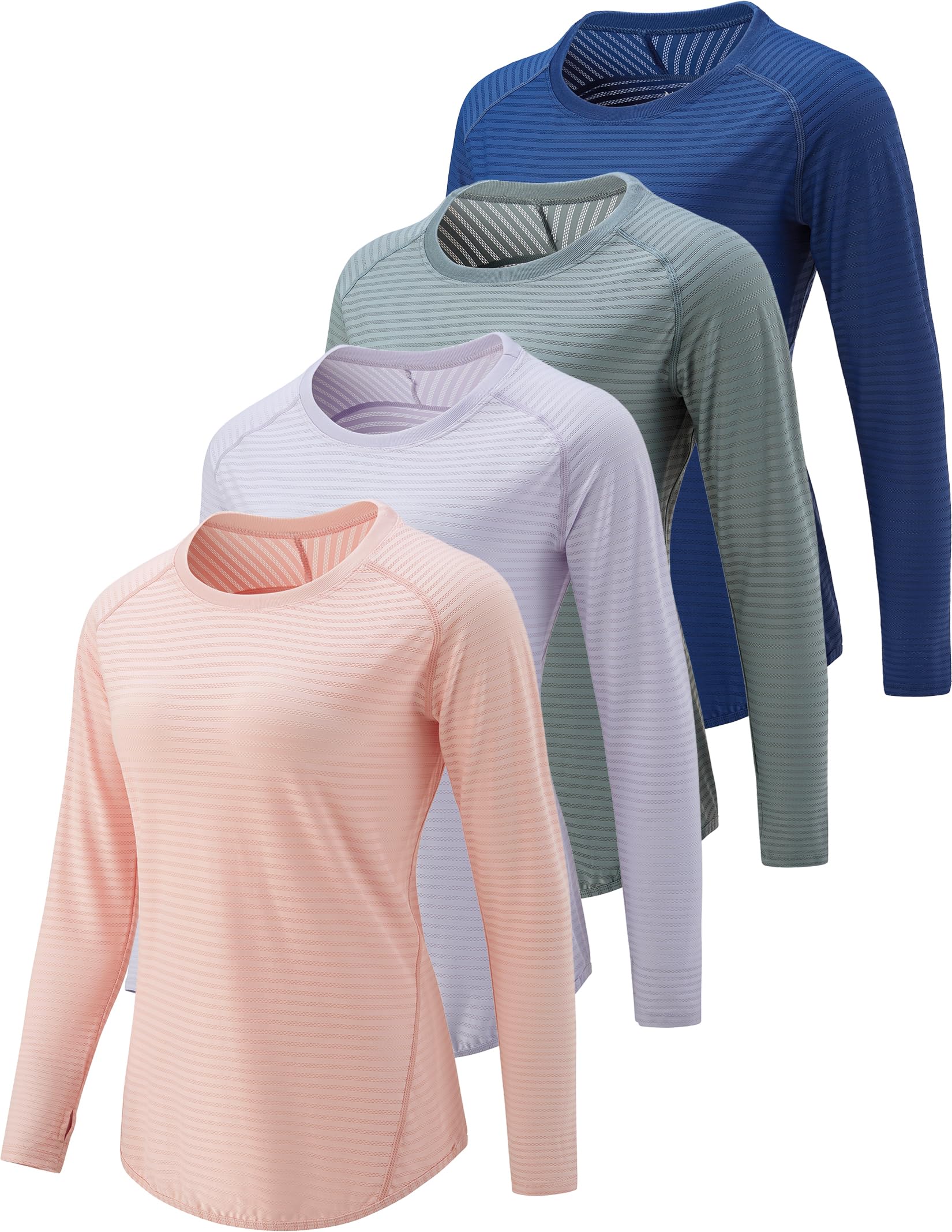 4 Pack Womens Long Sleeve Tops with Thumb Holes, Athletic Workout Shirts Dry Fit Crewneck Tees