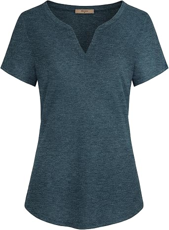 Miusey Women V Neck Short Sleeve Casual Curved Hem Henley Blouse