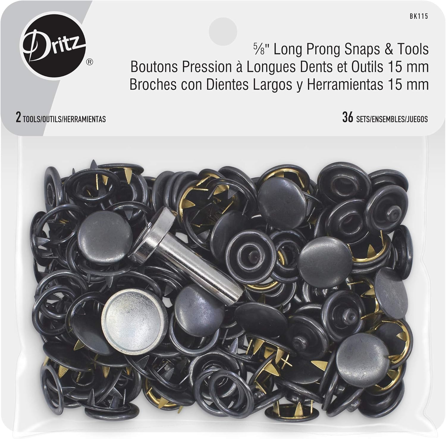 Dritz Long Prong Snaps 5/8" – Antique Brass, 36 Sets with Setting Tools - Heavy-Duty Sewing Fasteners for Denim, Canvas & Leather - Low-Profile Closures for Jackets, Bags & Crafts