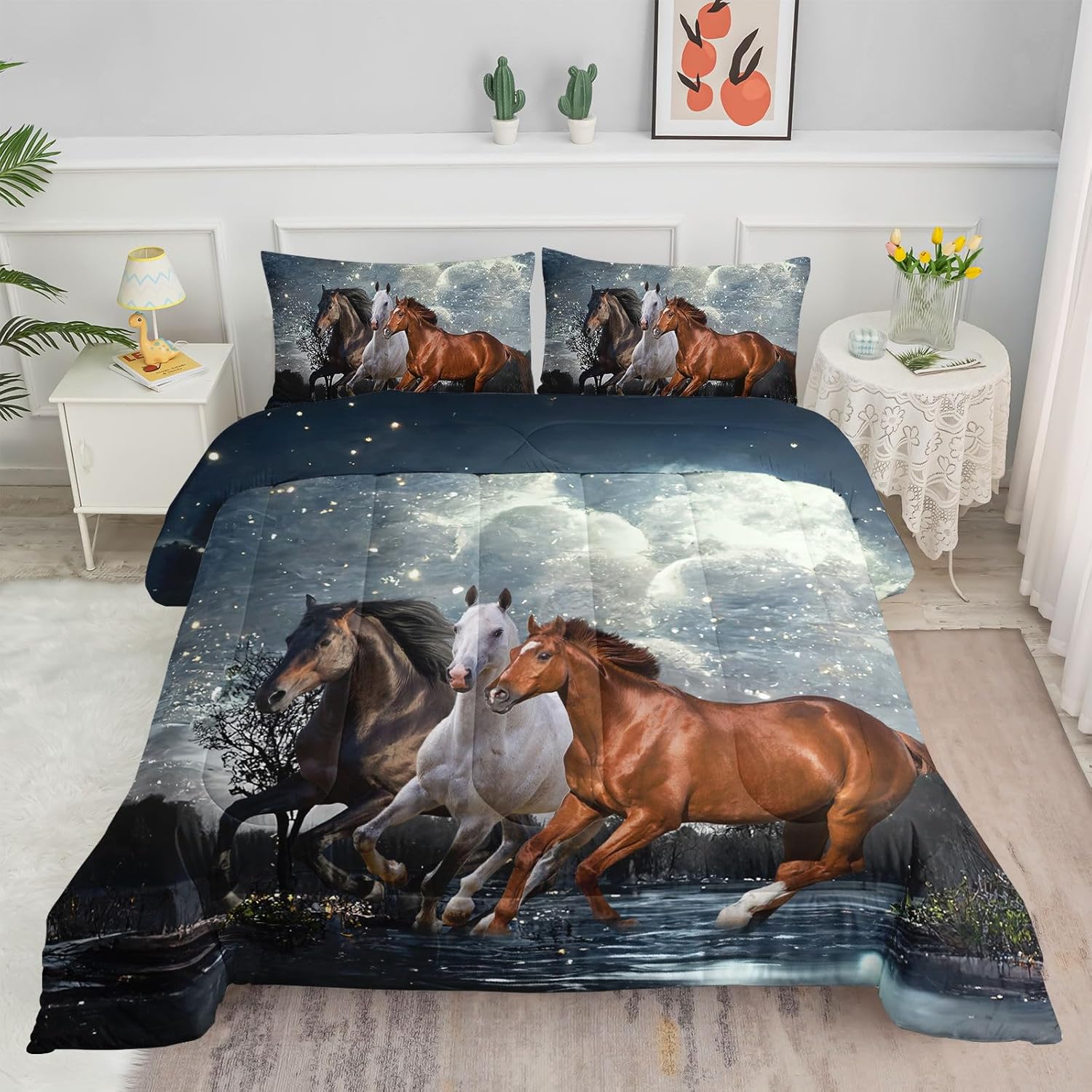 Galloping Horse Comforter Bedding Set,Teens Wild Animal Horse Galloping 3D Elegant Western Horses Print Comforter with 2 Pillowcases(Horse Galloping Queen)
