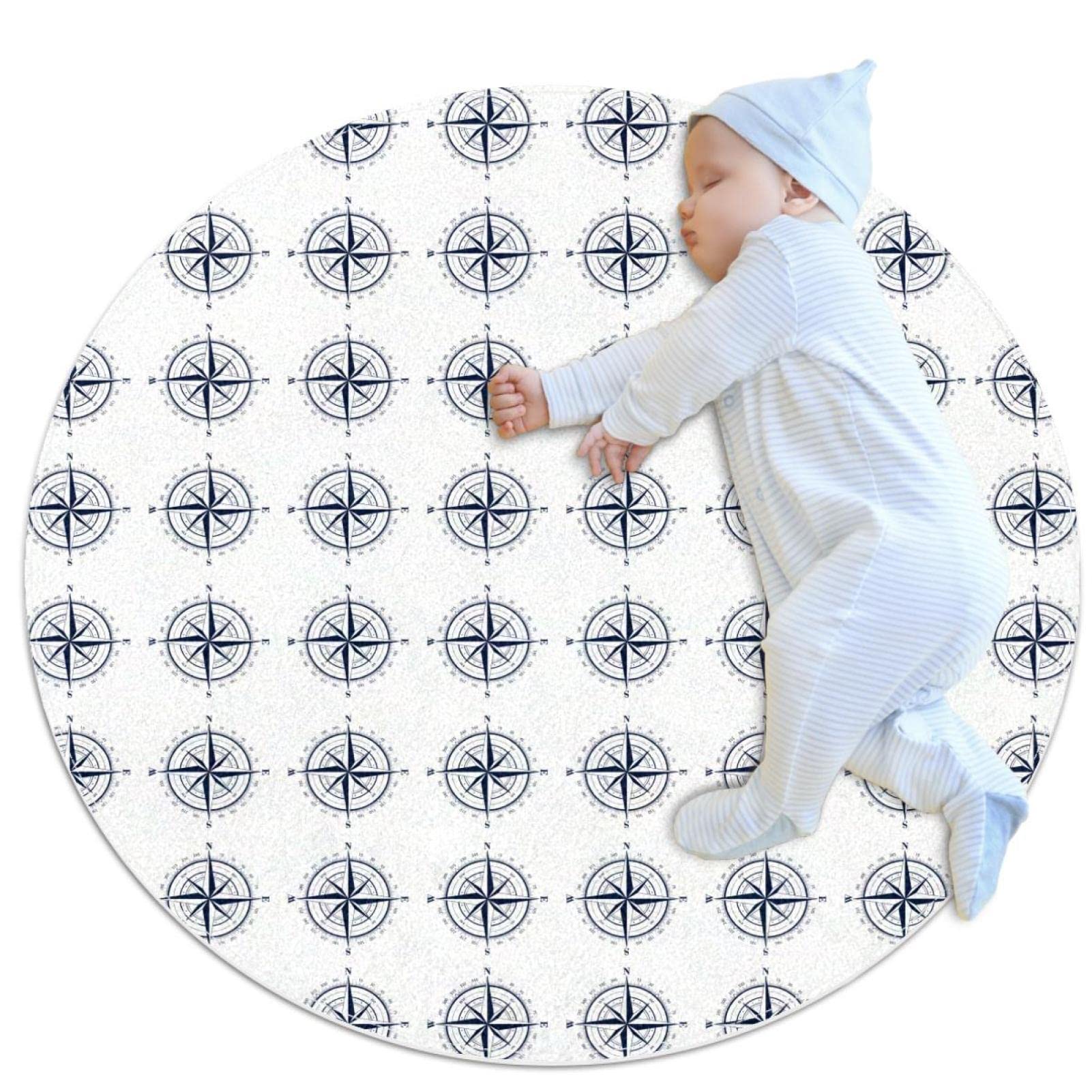 Tapis de salle de bain antidérapant rond 1m motif boussole nautique