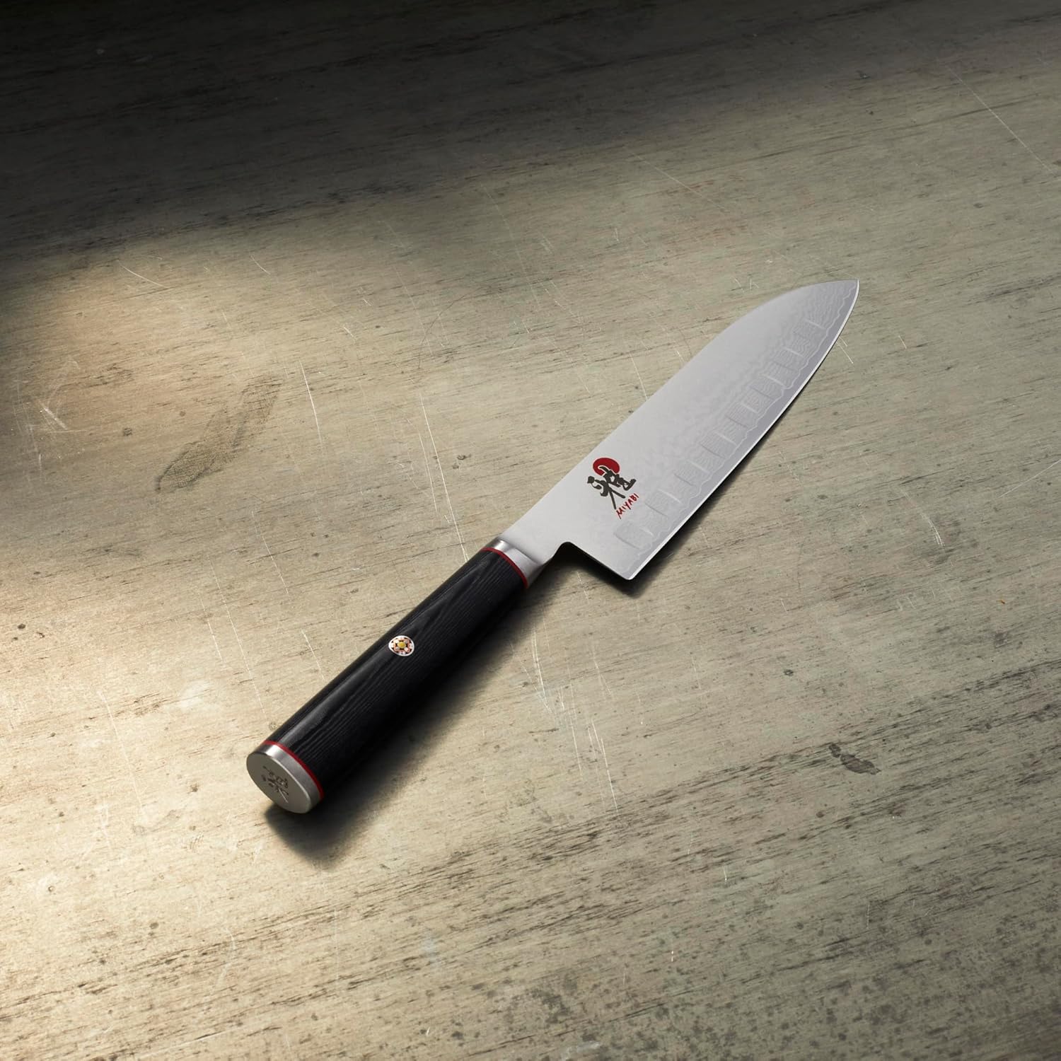 Miyabi Kaizen 5 1/2-Inch Granton Santoku Hollow Edge Knife, Black with Red Accent