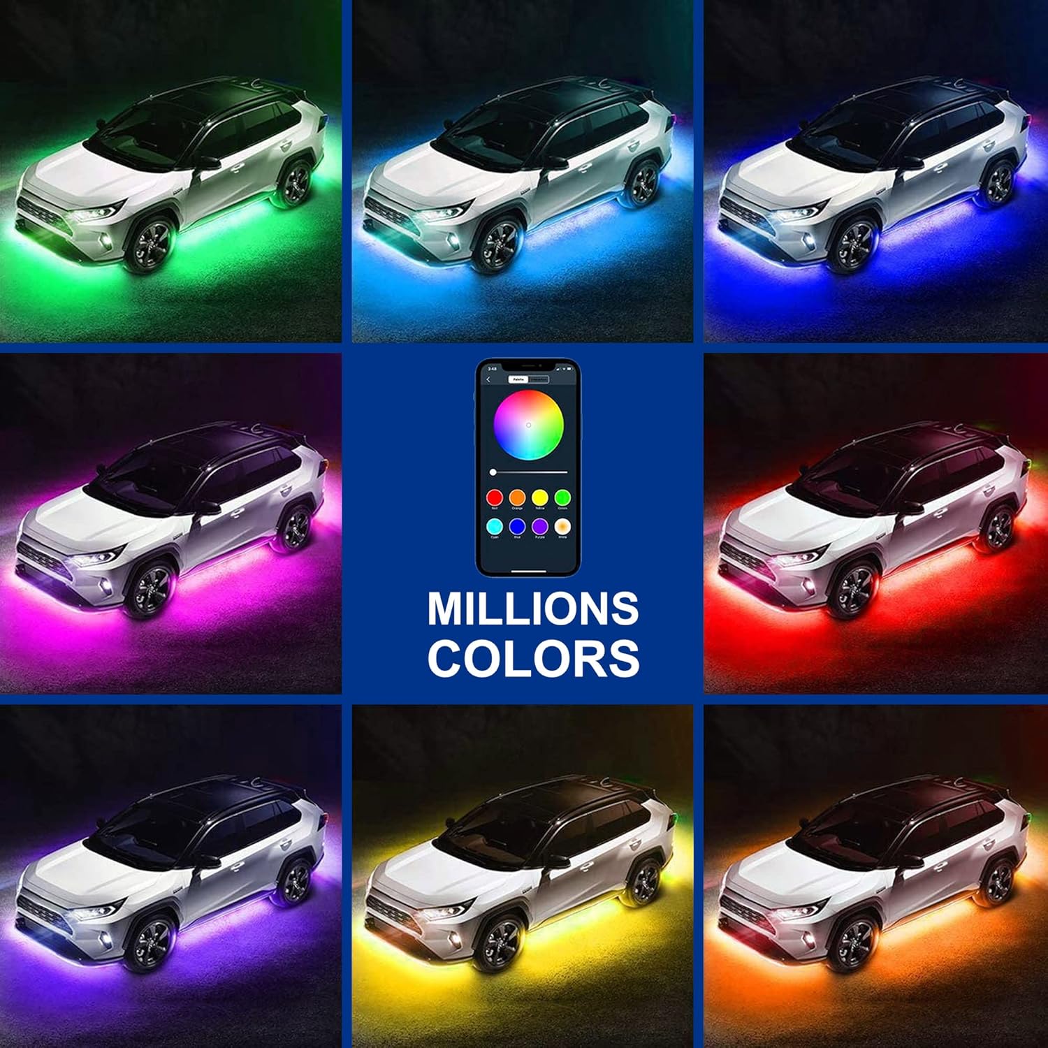 Nicoko Double Row 2x4ft +2x6.5ft RGB LED Car Underglow Exterior Light and Interior Bluetooth Lights Kits,4PCS Neon Ambient Lighting Strip, w/ APP Control & Wireless Remote for Cars Vehicle Truck : Automotive