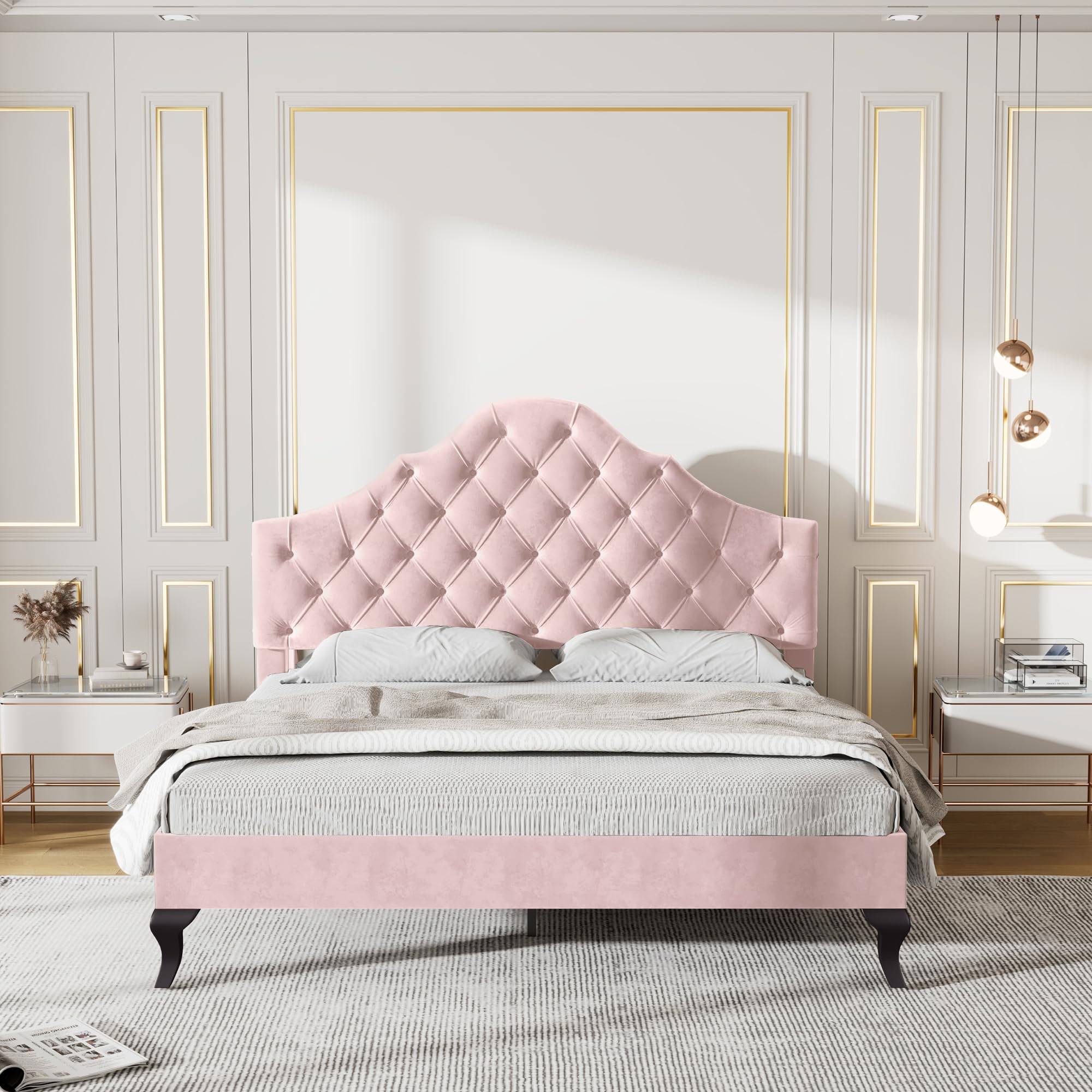 Merax 4ft6 Double Upholstered Bed 135x190 cm with Adjustable Headboard, Velvet Bed Frame with Wooden Slatted Support, No Box Spring Needed, Sturdy Structure, Easy Assembly, Pink (No Mattress) — image 1