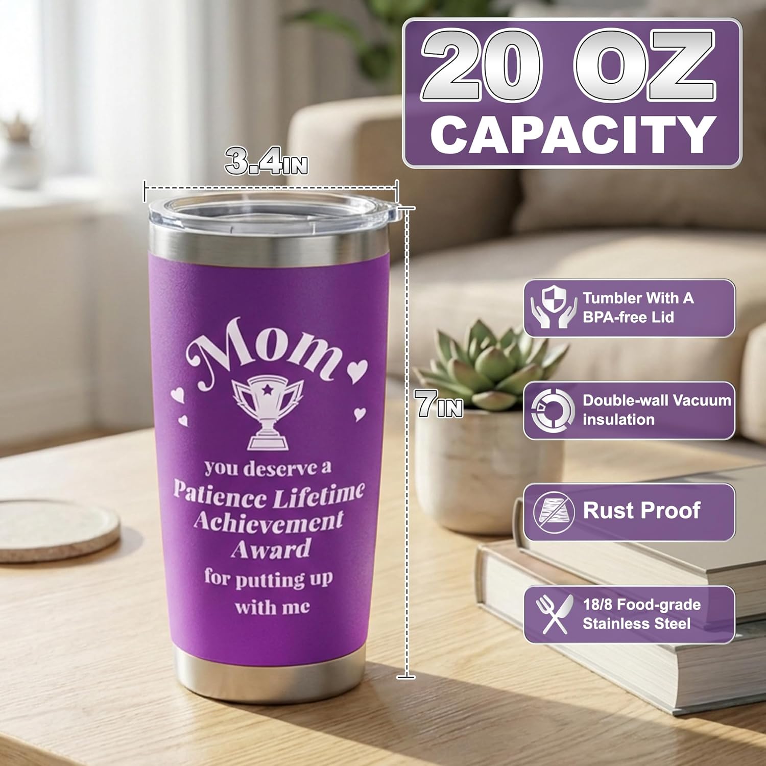 Gifts for Mom from Daughter Son - 20oz Stainless Steel Coffee Mug - Moms Gifts for Birthday, Mothers Day, Valentines Day, Thank You Gifts for Women Wife New Mom Grandma, Purple - Image 2