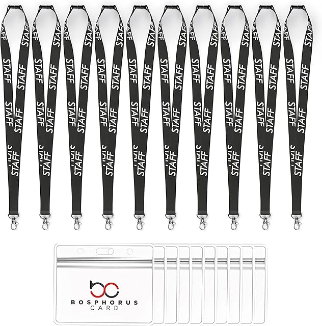 BOSPHORUS CARD: 10 Pieces Safety Breakaway Staff Lanyards with 10 id Card Holders, Staff Safety Breakaway Lanyards and Id Card Holders. (Black)