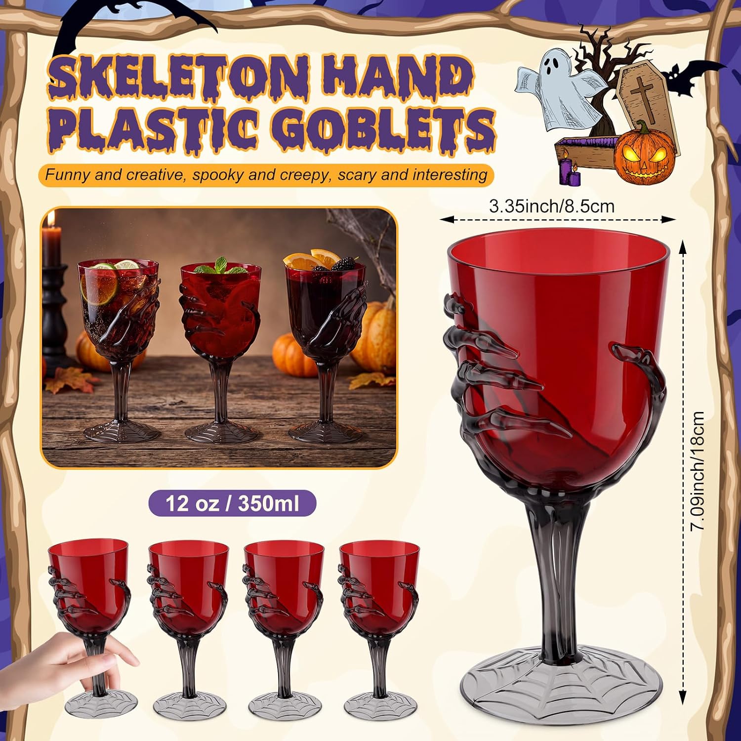 Dandat 6 Pcs 12oz Halloween Skeleton Hand Goblets Cups, Black, Red