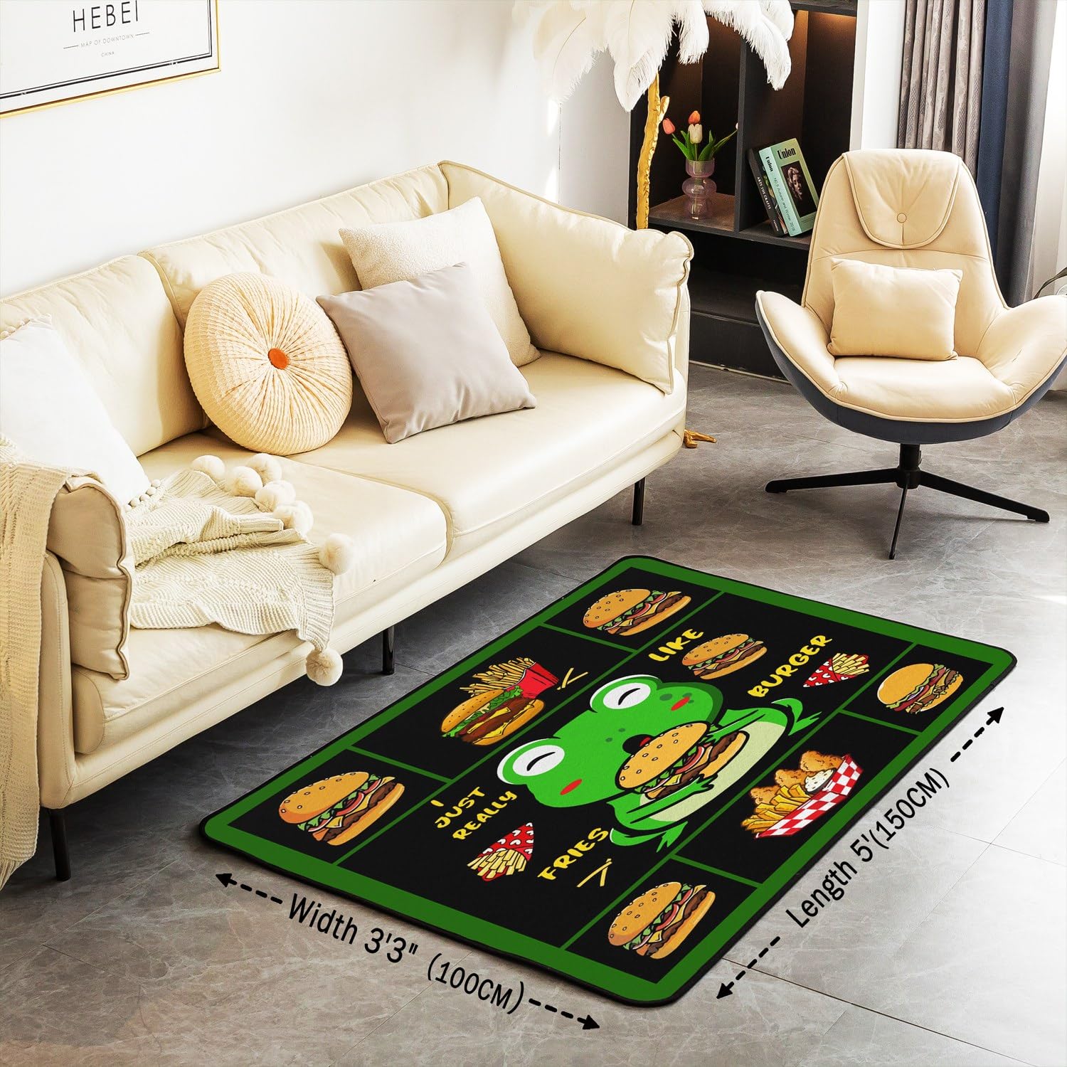 Alfombra de rana de 150 x 200 cm para niños, diseño de rana kawaii, para sala de estar, para niños, niñas, papas fritas, hamburguesas, alimentos, alfombra decorativa de dibujos animados, alfombra