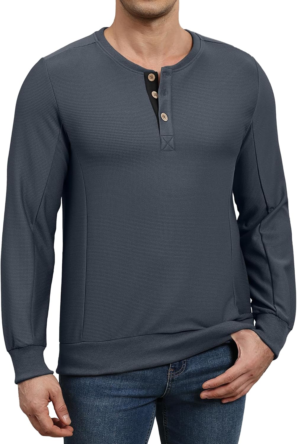 Susclude Mens Long Sleeve Henley Shirts Waffle Comfy Basic Stylish Button Down Pullover V Neck Casual Tops Fall Winter