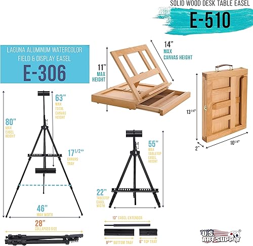 Miniatura 3 de U.S. Art Supply Juego de pintura de acuarela de artista de 70 piezas con caballete de campo de aluminio, caballete de mesa de madera, 60 colores de