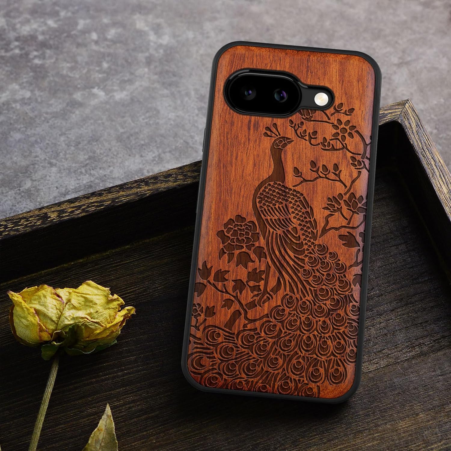 Carveit Magnetic Wooden Case for Google Pixel 9a Case, Wood Artisan Engraved & Soft TPU Shockproof Cover, Compatible with MagSafe Wireless Chargers (Peacock) Rosy