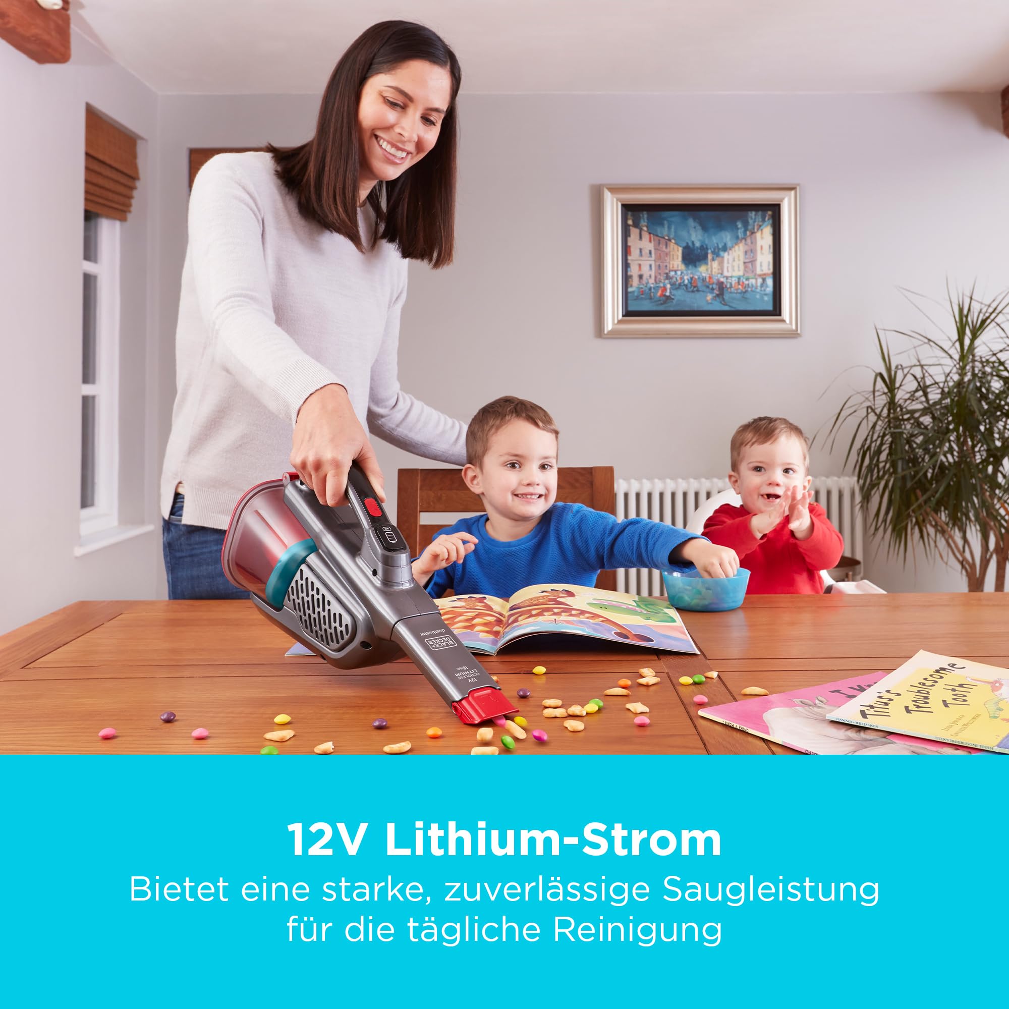 BLACK+DECKER Lithium Dustbuster BHHV315B-QW mit Cyclonic Action – 12V Akku Handstaubsauger mit ausziehbarer Fugendüse & Ladestation – Beutelloser, kabelloser Staubsauger – Lange Saugdüse