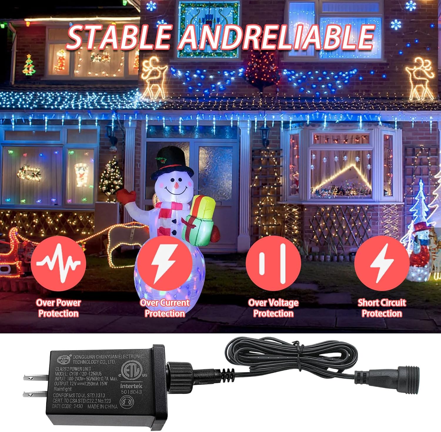 Replacement Yard Inflatable Adapter,with Extension Cord 12V15W Class 2 Power Supply 60hz Waterproof Ip44 Low Voltage Transformer US Plug for Christmas Thanksgiving Inflatable String Light Decorations image 5