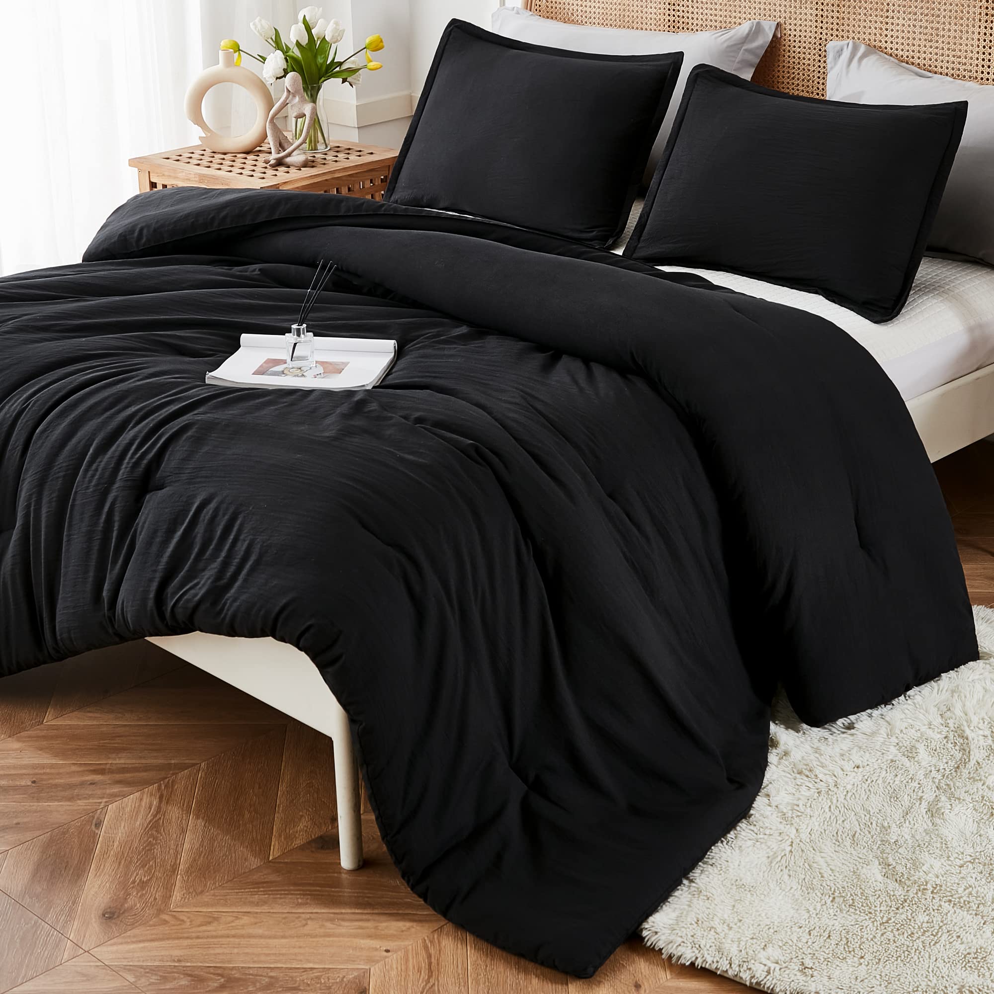 Litanika Black Comforter Full Size, 3 Pieces Boho Lightweight Solid