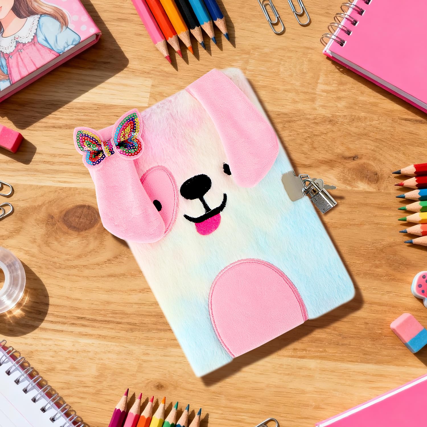 MOTIBACK Colourful Puppy Creative Password Fluffy Notebook,Tie-Dye Diary with Lock and Key for Writing and Drawing Fuzzy Secret Journal Gift for Kids Girls Christmas Stocking Stuffers(Colorful) - Image 4