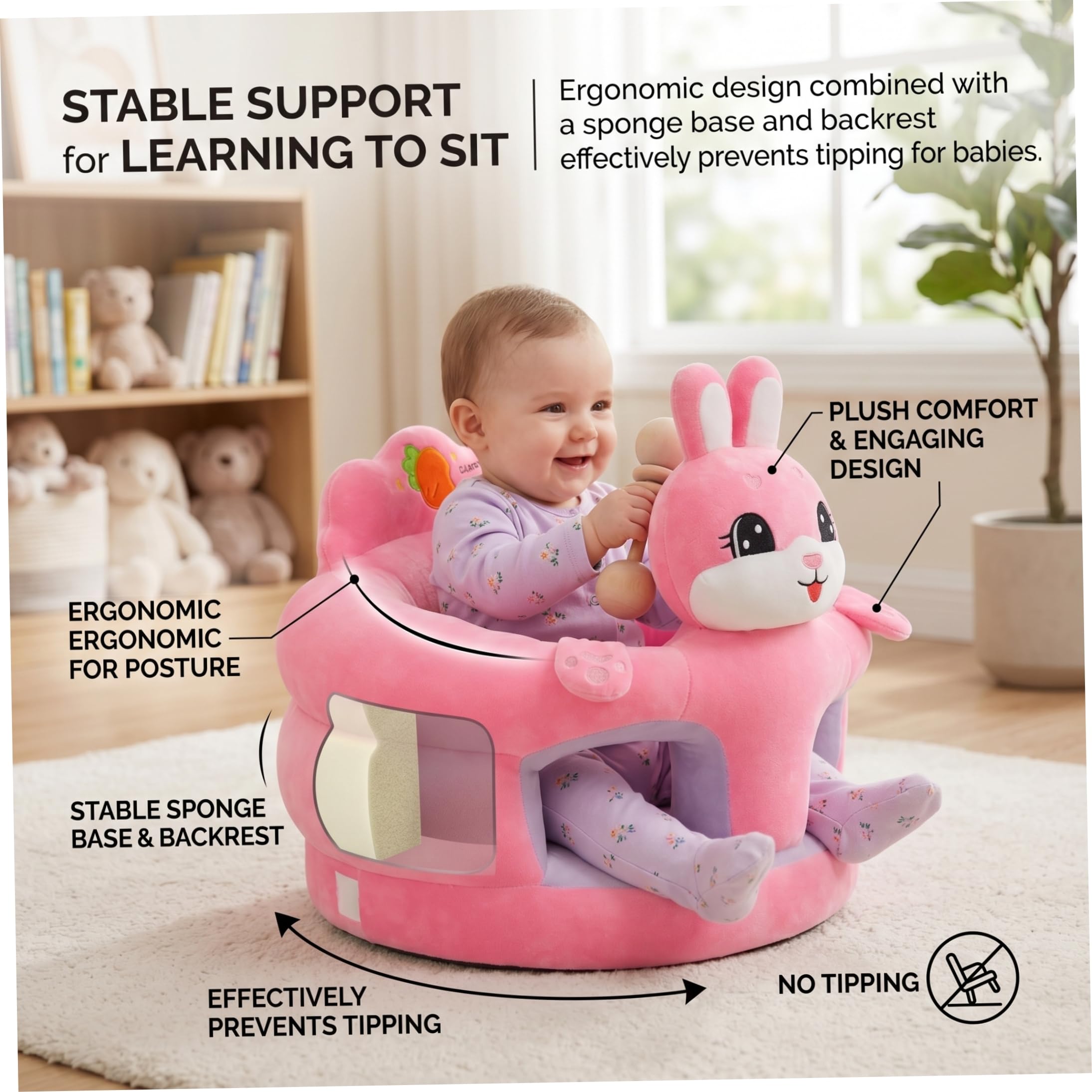 Meubles pour enfants, chaise assise pour bébé, siège au sol Sit Me Up pour bébé, chaise assise portable avec support ergonomique et tissu en peluche doux, motif lapin pour nourrissons de 3 à 12 mois