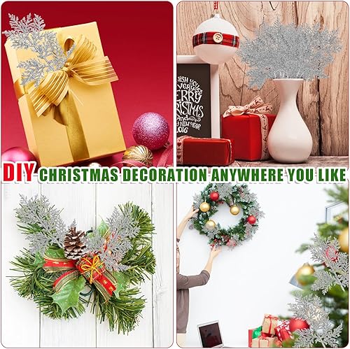 Miniatura 7 de DIYASY Ramas de relleno de árbol de Navidad, hojas de aguja de pino artificial con purpurina de 11 pulgadas, ramas florales, adornos de hojas de