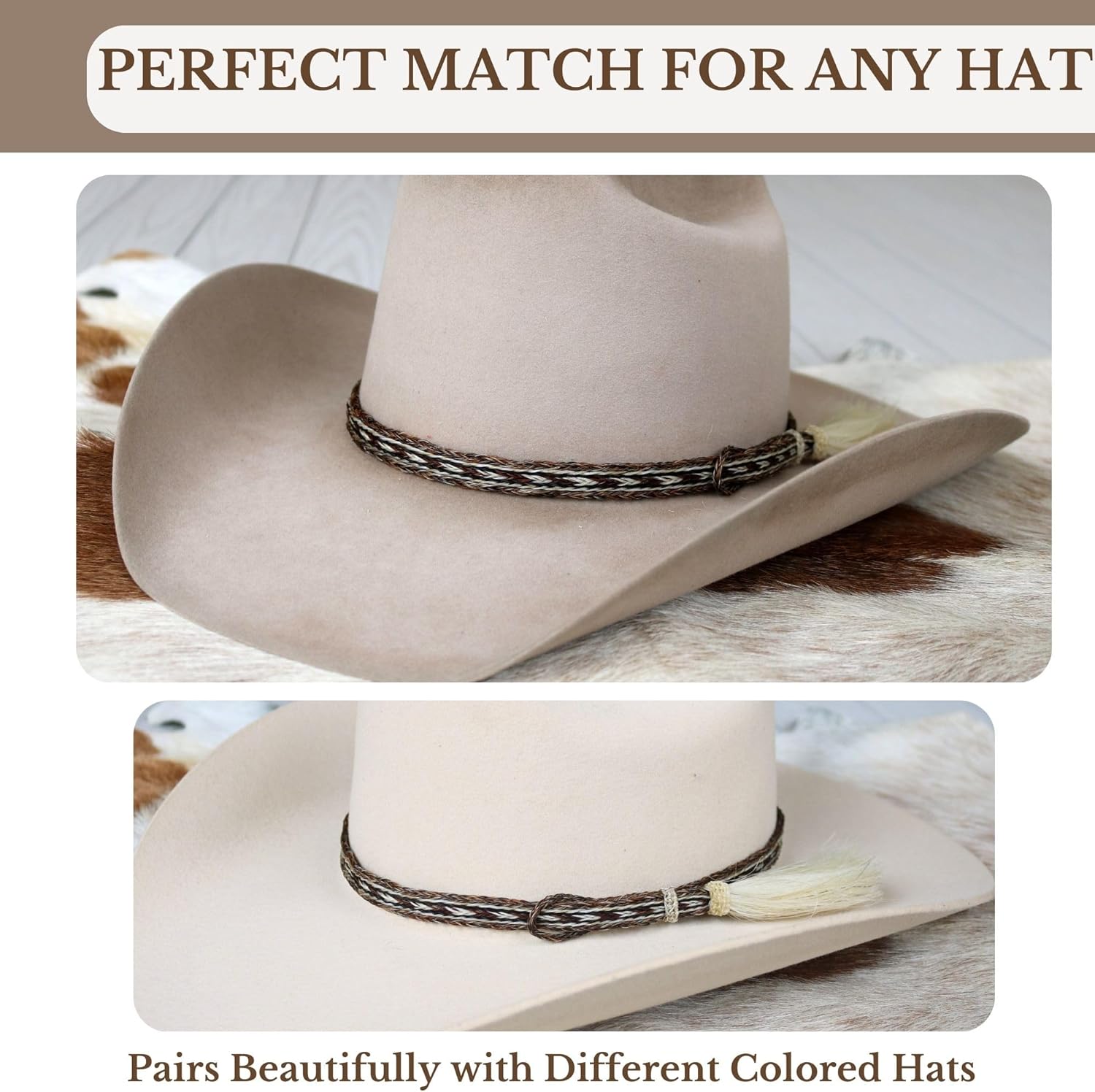Paint Western Horsehair Hat Band – Adjustable Cowboy Hat Accessory with Single Tassel – Brown Pattern Braided Horse Hair Band for Felt & Straw Hats - Image 4
