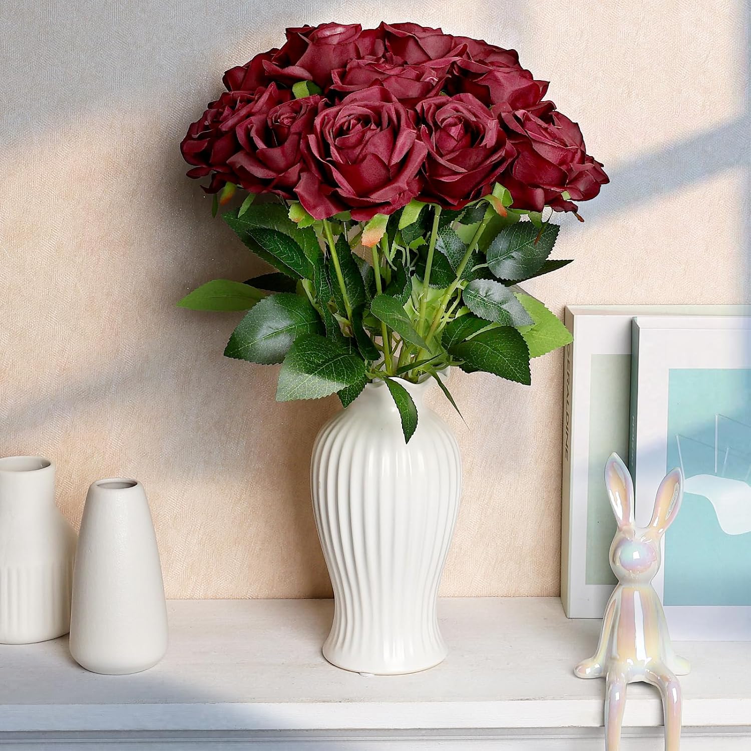 48 PCS Burgundy Roses Artificial Flowers - Fake Silk Floral with Long Stems Bulk for Table Centerpieces DIY Bouquet Arrangements Wedding Party Bridal Shower Vase Decorations