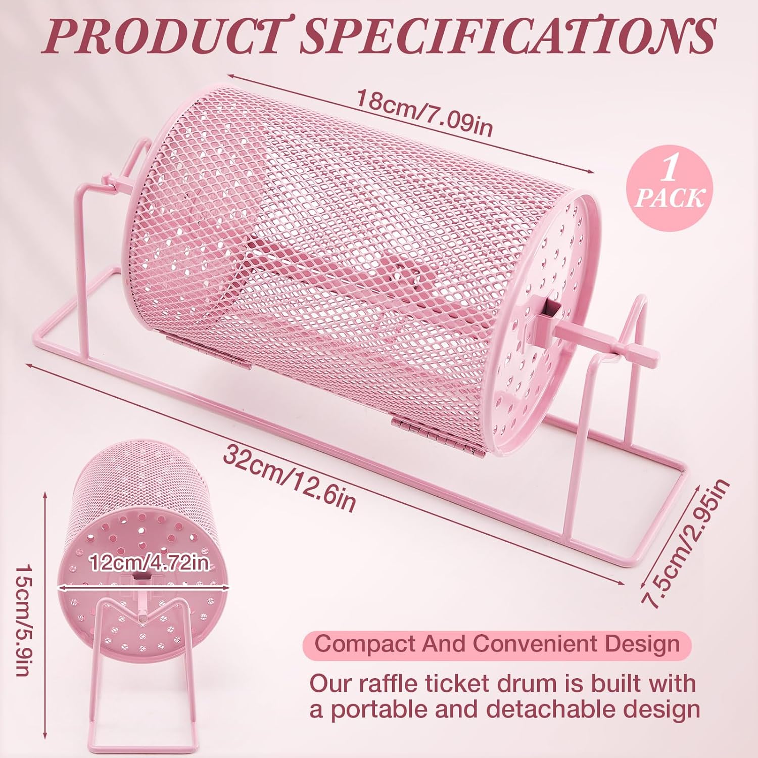 7.09" X 4.72" Small Raffle Drum Upgraded Ticket Spinner Holds 600 Tickets Raffle Wheel Spinner with Stand Drum Cage for Games Events(Pink)