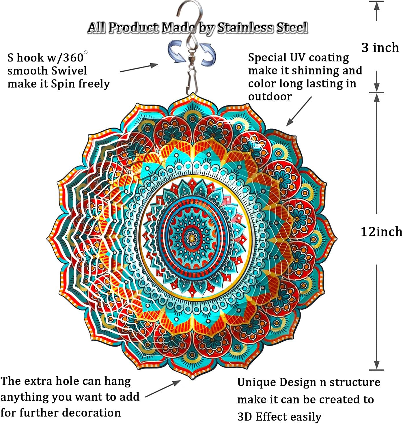 Wind Spinner Mandala Blessedness 12 inch 3D Stainless Steel Worth Gift Laser Cut Hanging Wind Spinners Metal Kinetic Yard Art Decorations Indoor/Outdoor Décor