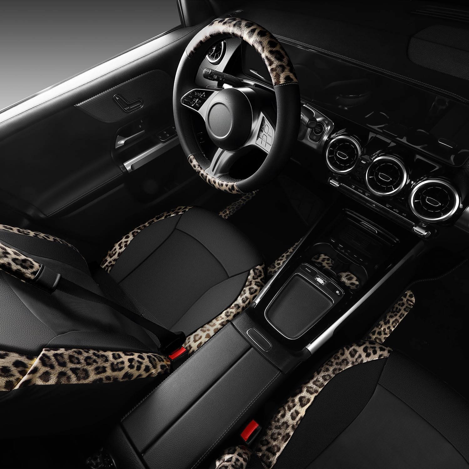 CAR PASS Leopard Print Faux Leather Car Seat Covers & Leopard Car Mats&Leopard Steering Wheel Cover Seat Belt Universal Car Accessories for SUV,Van,Saden,Truck Automobile Interior Sets(Gold Black)