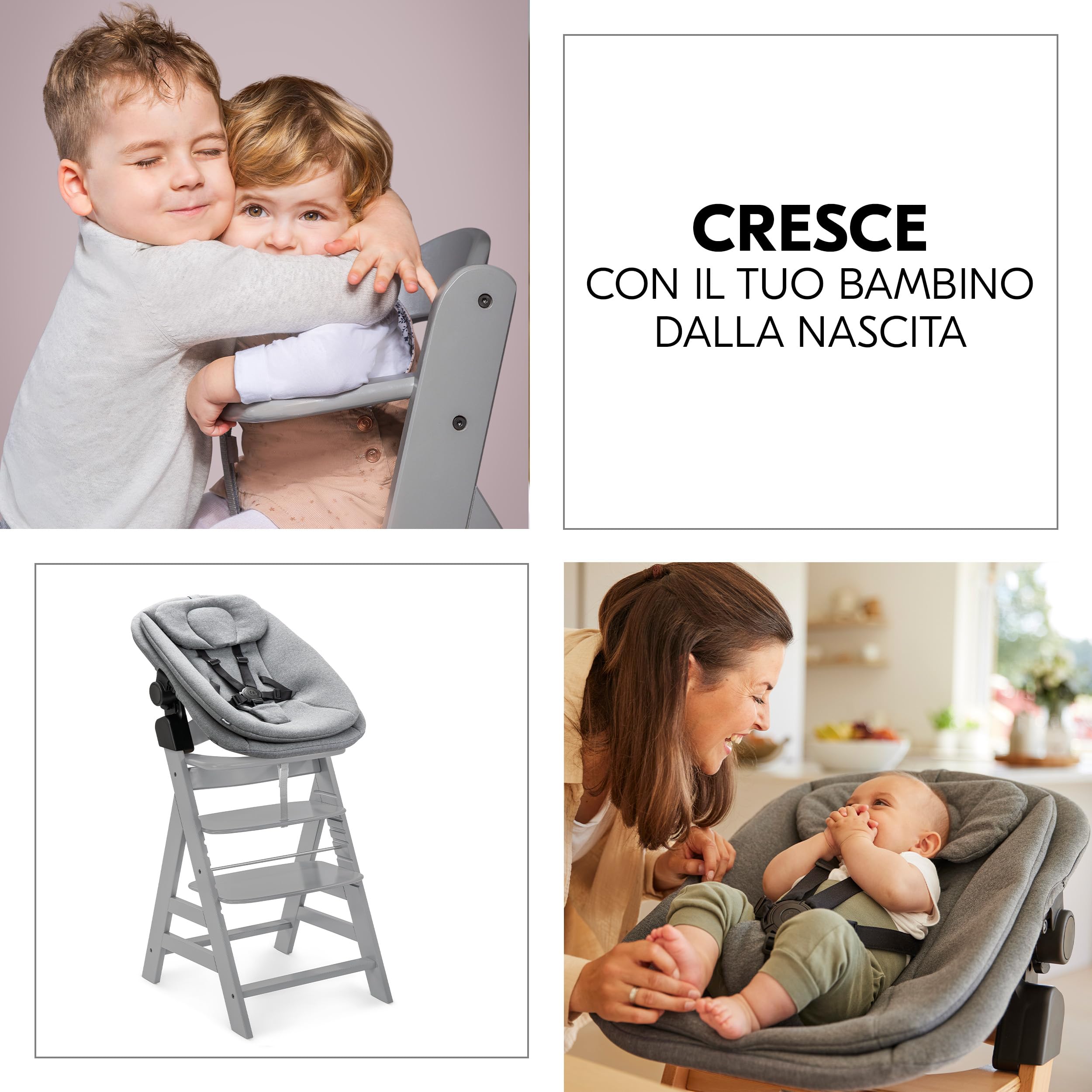hauck Seggiolone Alpha+ Newborn Set Highchair Bouncer 3in1 - Sediolone Pappa Bimbi in Legno Da 0 Mesi Con Sdraietta Neonati Dondolo e Cuscino - (Grigio)