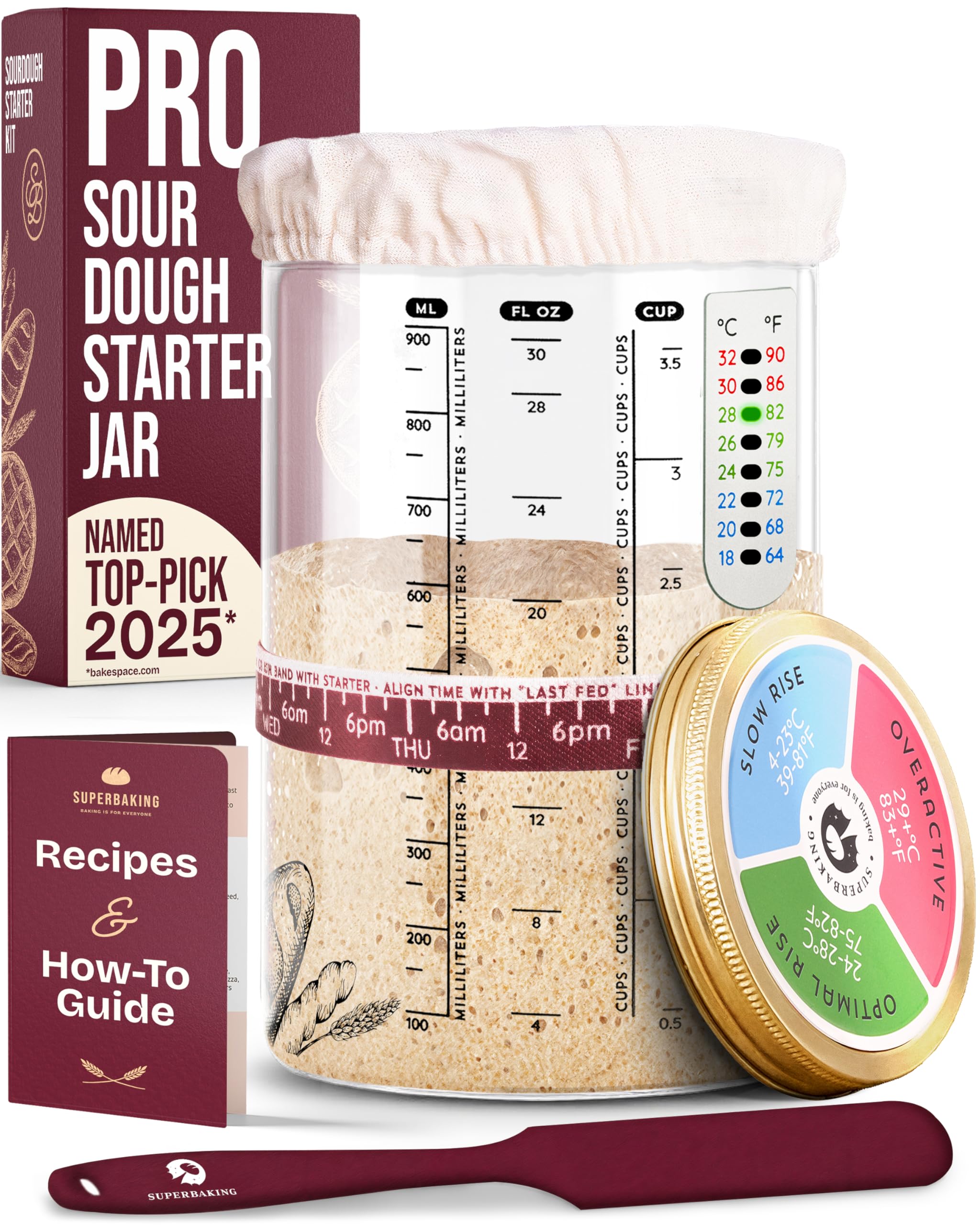 Complete Sourdough Starter Kit, Beginner Friendly 34oz Wide Mouth Sourdough Starter Jar, Easy to Clean Glass Jar with Mixing Spatula, Thermometer, Great Gift for Baking Sourdough Bread, Sour Dough Kit