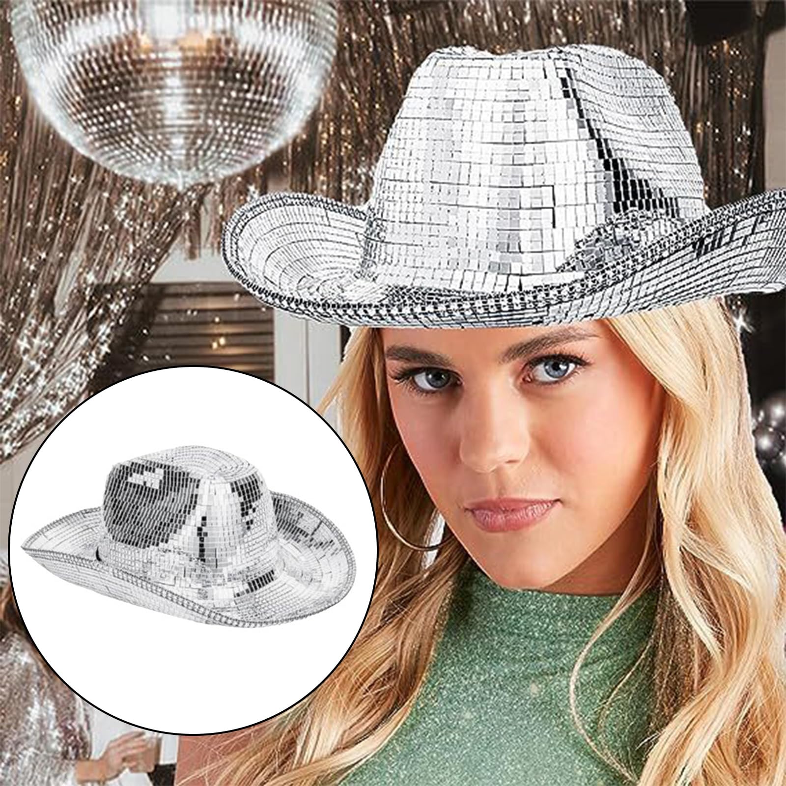 Cappello da cowboy per DJ, specchio glitterato, novità, festa, cappello Panama per palcoscenico, festa, danza, discoteca, cappello da cowboy