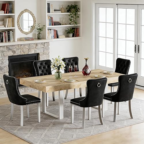 Miniatura 12 de Goujxcy Juego de mesa de comedor extensible de 7 piezas para 6, 63-78 pulgadas, juego de mesa de cocina marrón rústico con 6 sillas grises copetudas