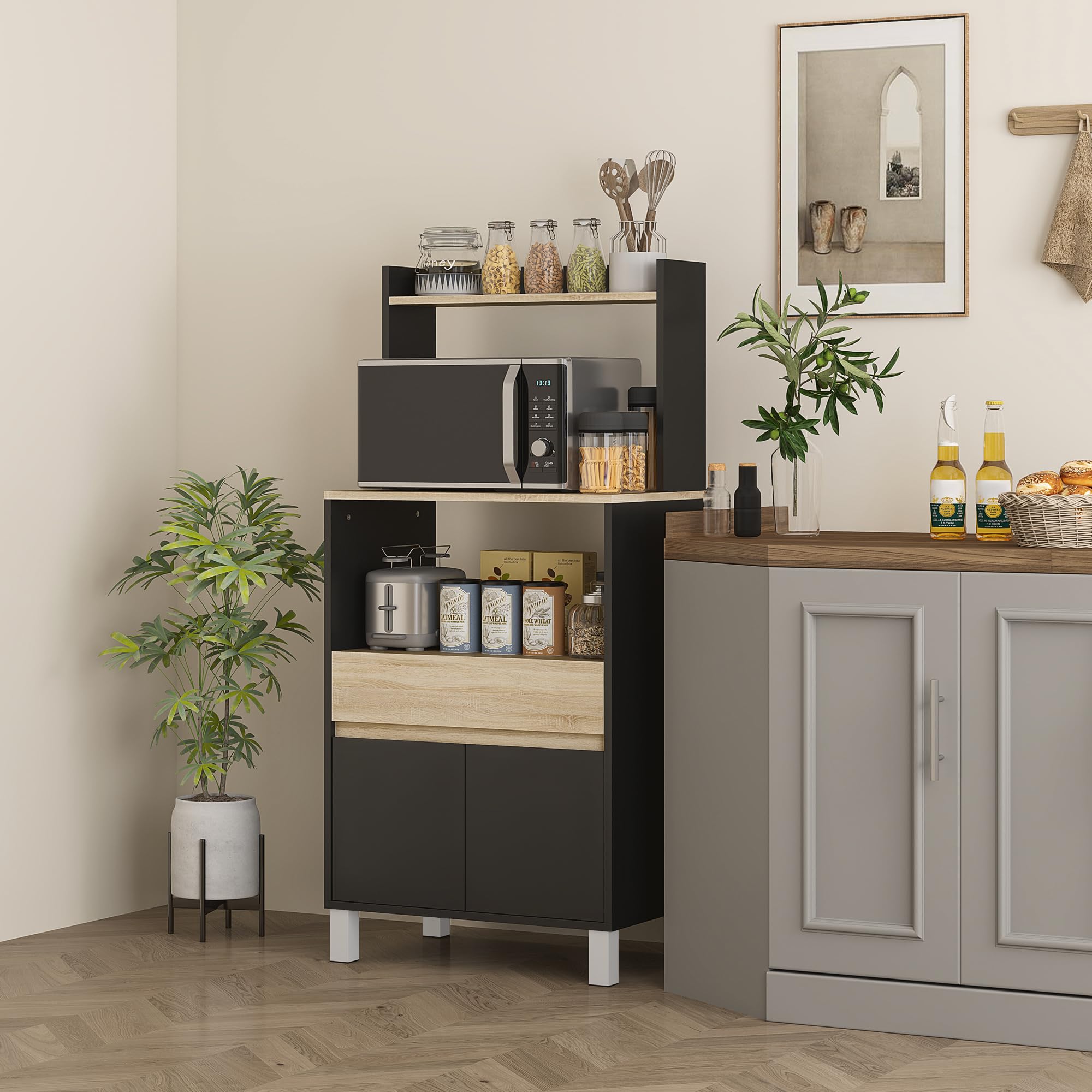 HOMCOM Meuble Micro Onde Buffet Cuisine 60 x 40 x 131 cm Chêne Noir | avec Placard, Tiroir, Étagère Supérieur, Meuble Micro Ondes Cuisine Rangement, pour Salle à Manger, Salon