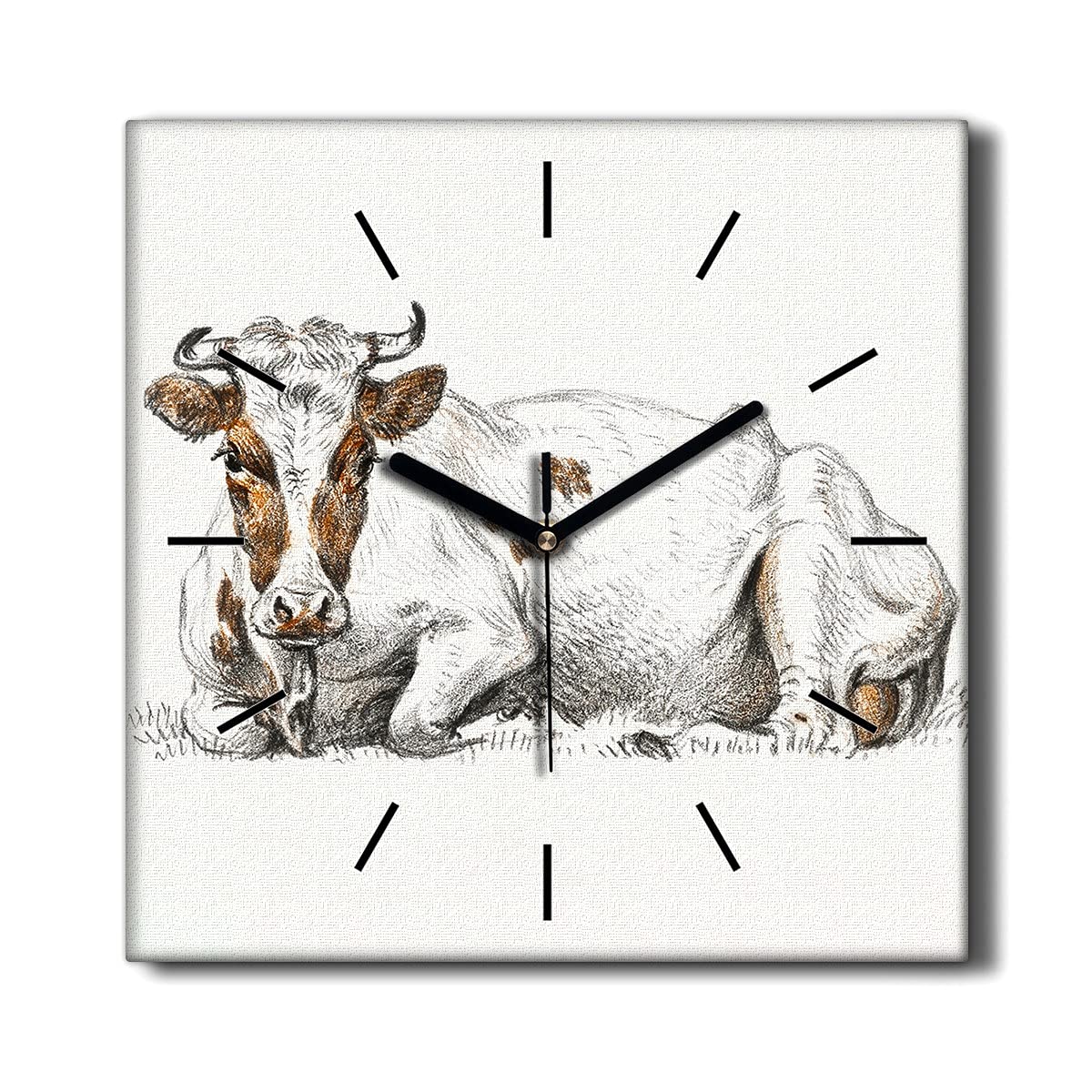 Horloge sur toile sans tic-tac 30x30cm décor vache pour un salon paisible