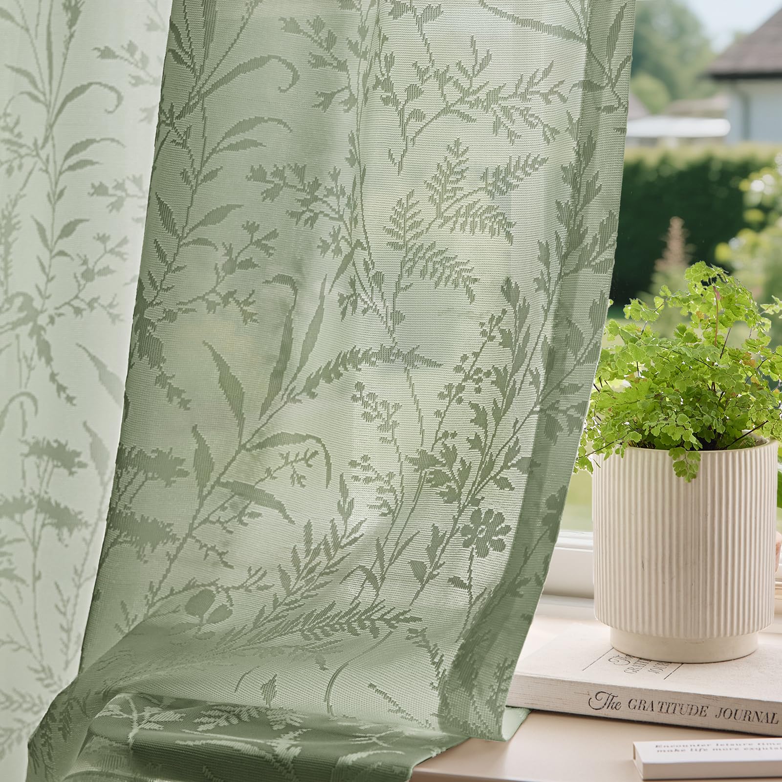 Photo 1 of Anmao Sage Green Semi Sheer Light Filtering Curtains 63 Inches Long 2 Panels, Leaf Pattern Drapes for Living Room Bedroom, Rod Pocket Sheer Window Treatments with Floral Design, 52x63 Inch